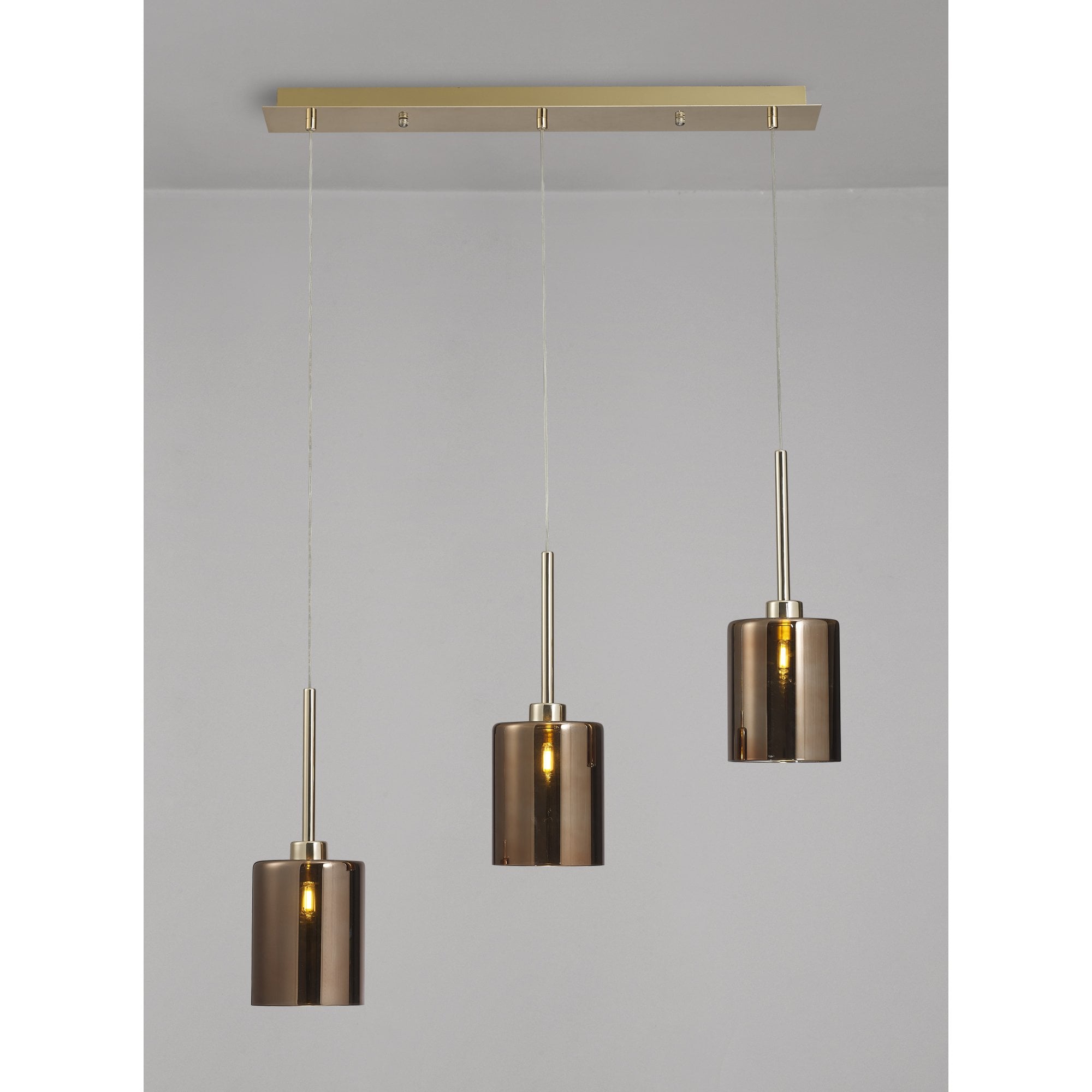 Fabula Tamworth 3 Light Linear Pendant - Medium Cylinder Shades - French Gold & Copper Glass