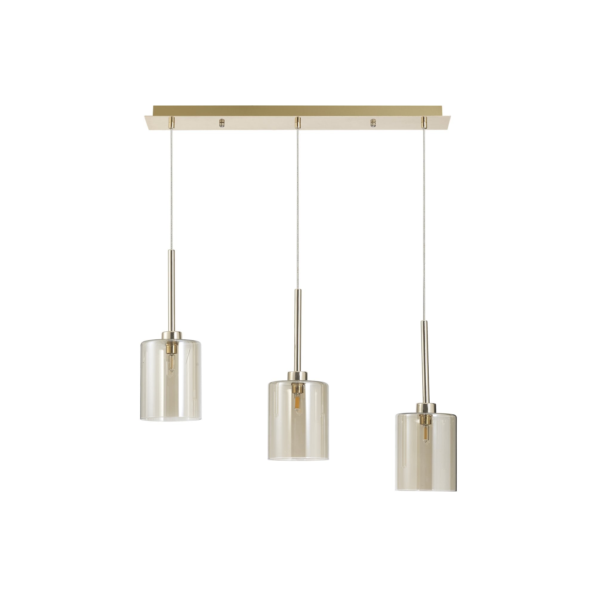 Fabula Tamworth 3 Light Linear Pendant - Medium Cylinder Shades - French Gold & Cognac Glass