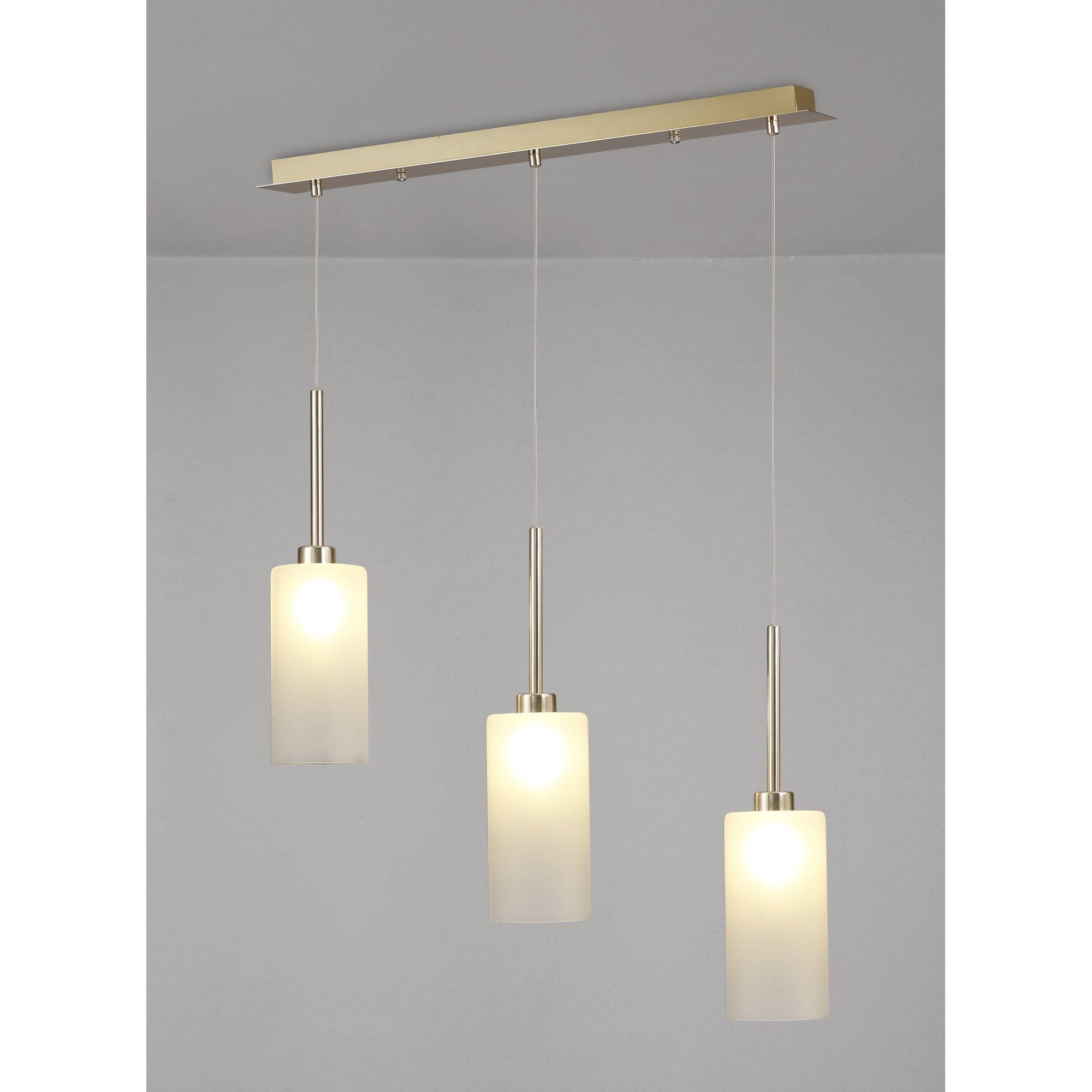 Fabula Tamworth 3 Light Linear Pendant - Tall Cylinder Shades - French Gold & Frosted Glass