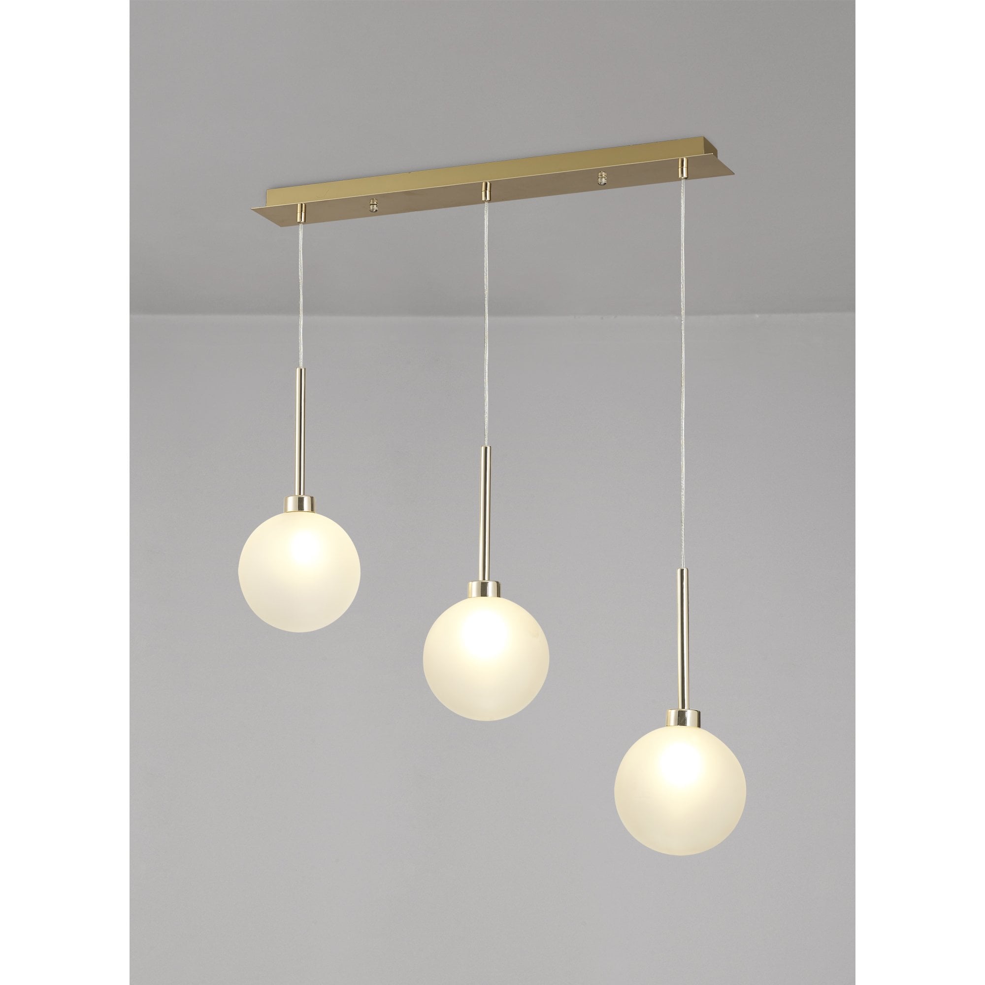 Fabula Tamworth 3 Light Linear Pendant - Round Shades with Inner Frosted Globes - French Gold & Frosted Glass