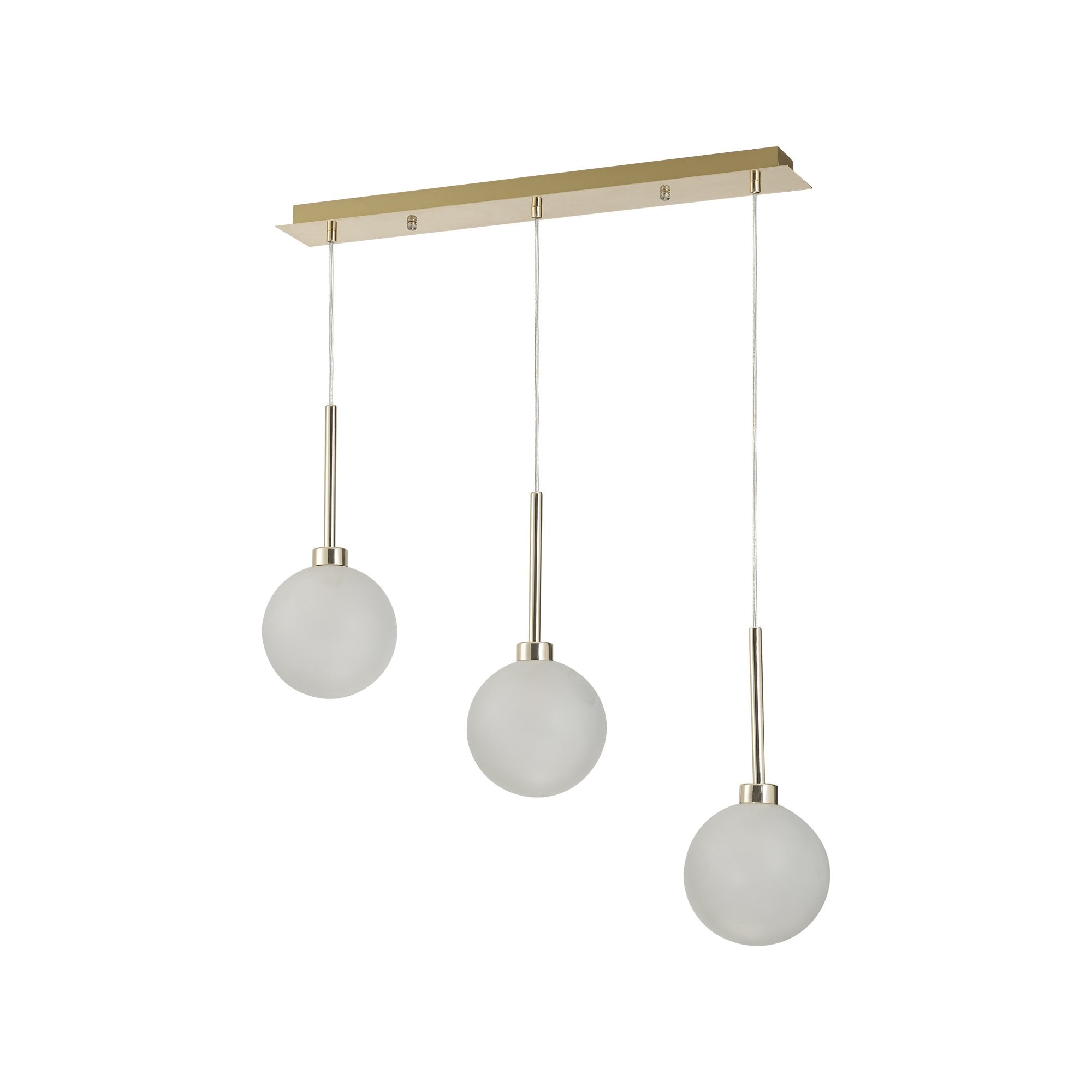 Fabula Tamworth 3 Light Linear Pendant - Round Shades with Inner Frosted Globes - French Gold & Frosted Glass