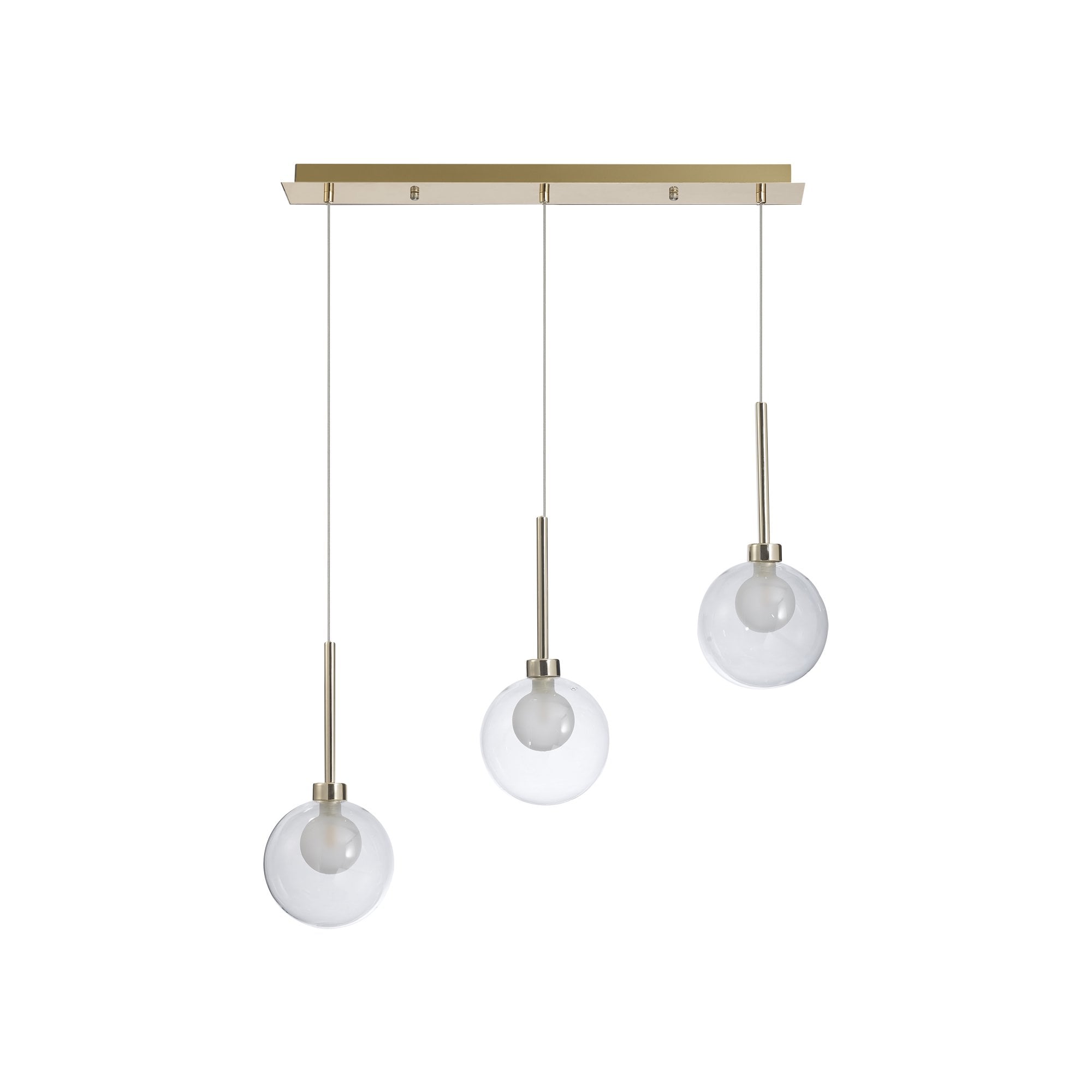 Fabula Tamworth 3 Light Linear Pendant - Round Shades with Inner Frosted Globes - French Gold, Clear & Frosted Glass
