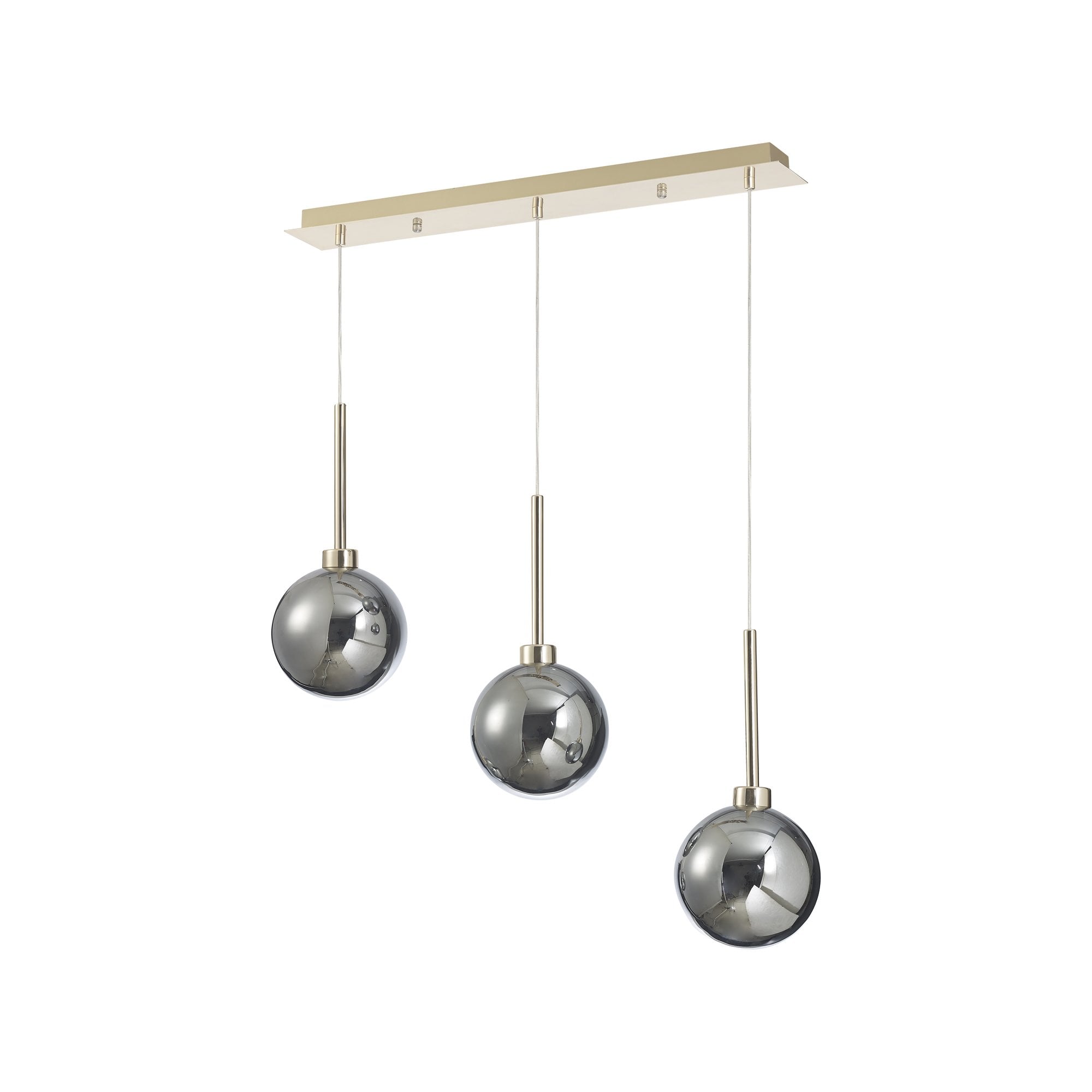 Fabula Tamworth 3 Light Linear Pendant - Round Shades with Inner Frosted Globes - French Gold, Chrome & Frosted Glass