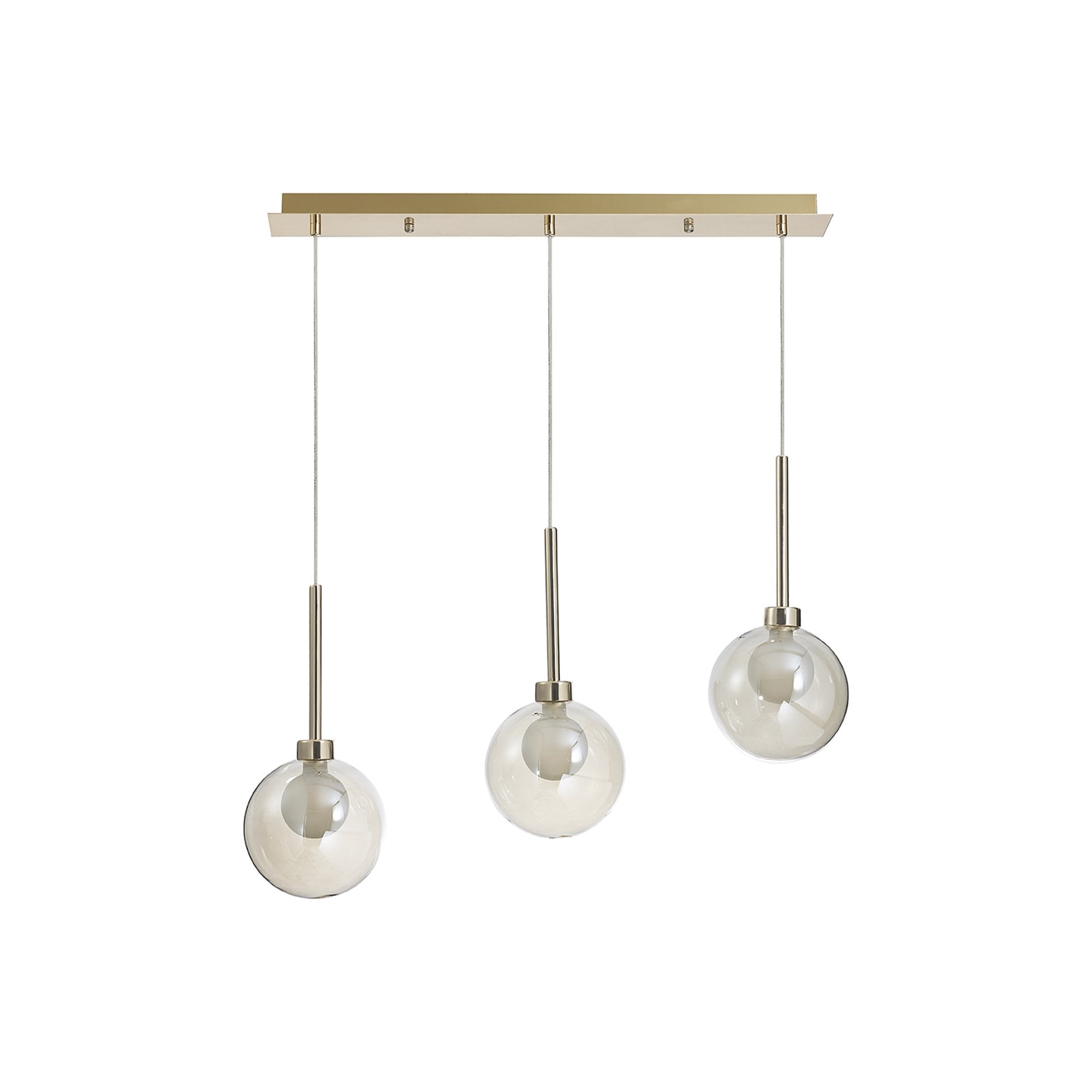 Fabula Tamworth 3 Light Linear Pendant - Round Shades with Inner Frosted Globes - French Gold, Cognac & Frosted Glass
