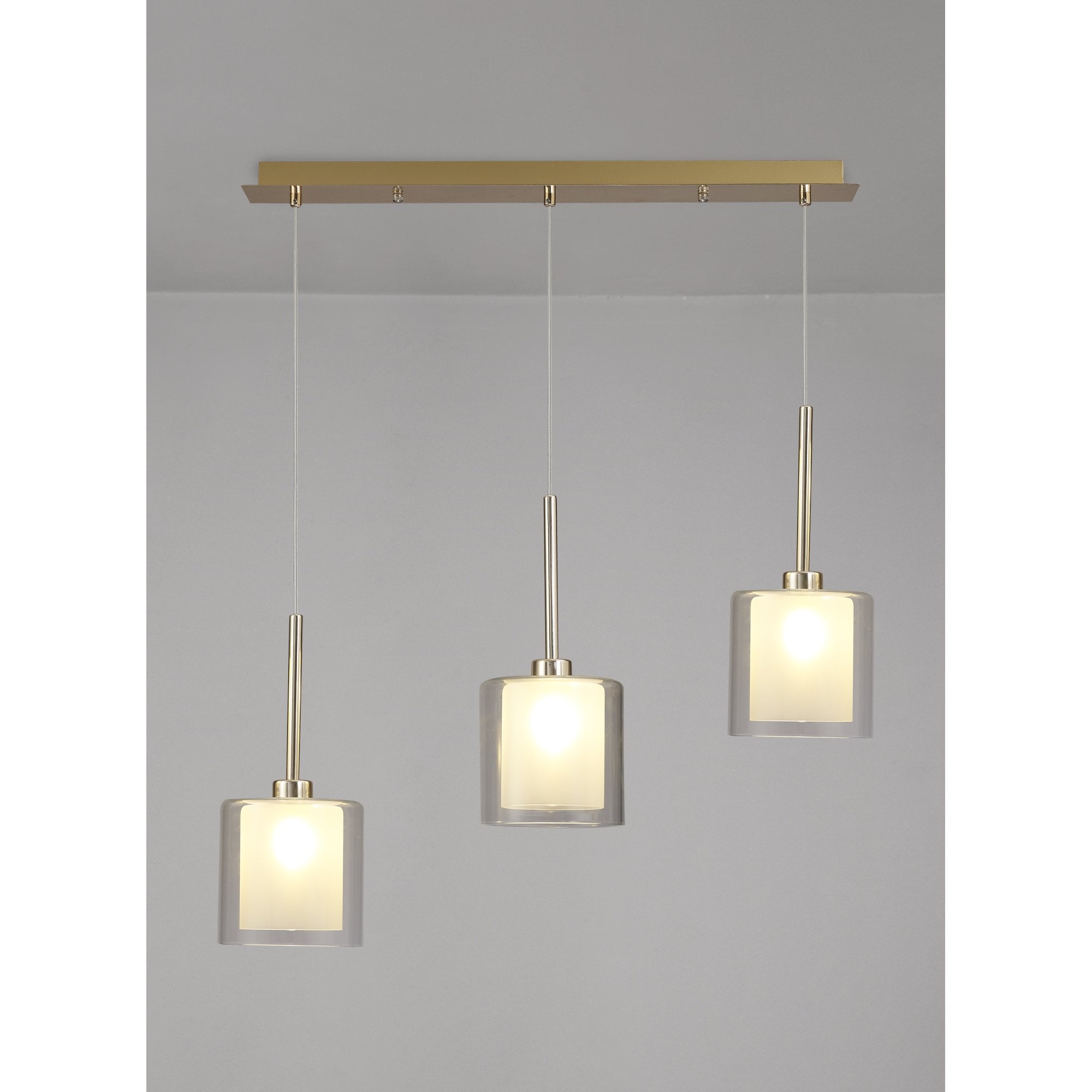 Fabula Tamworth 3 Light Linear Pendant - Medium Cylinder Shades with Clear Outer Glass - French Gold, Frosted & Clear Glass