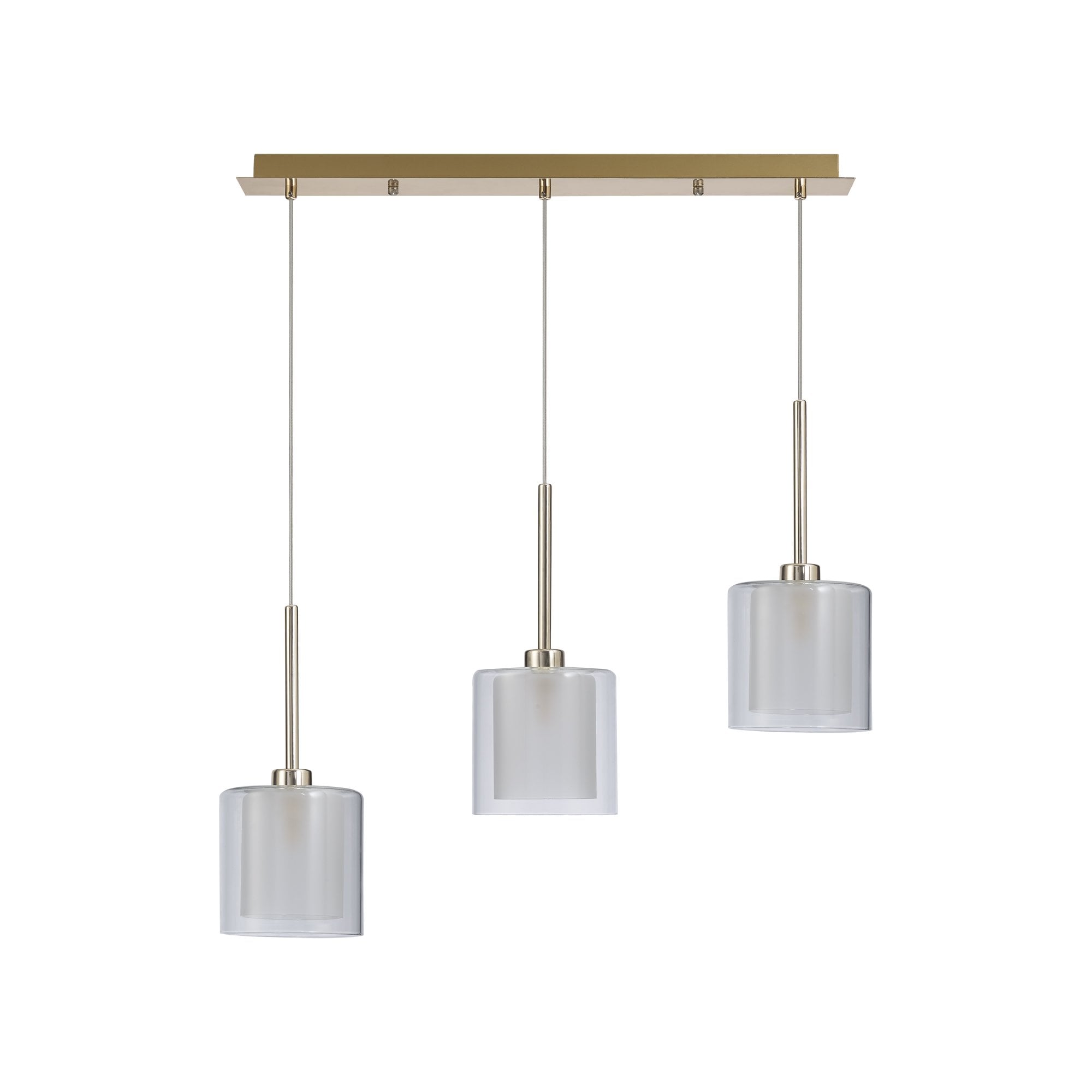 Fabula Tamworth 3 Light Linear Pendant - Medium Cylinder Shades with Clear Outer Glass - French Gold, Frosted & Clear Glass