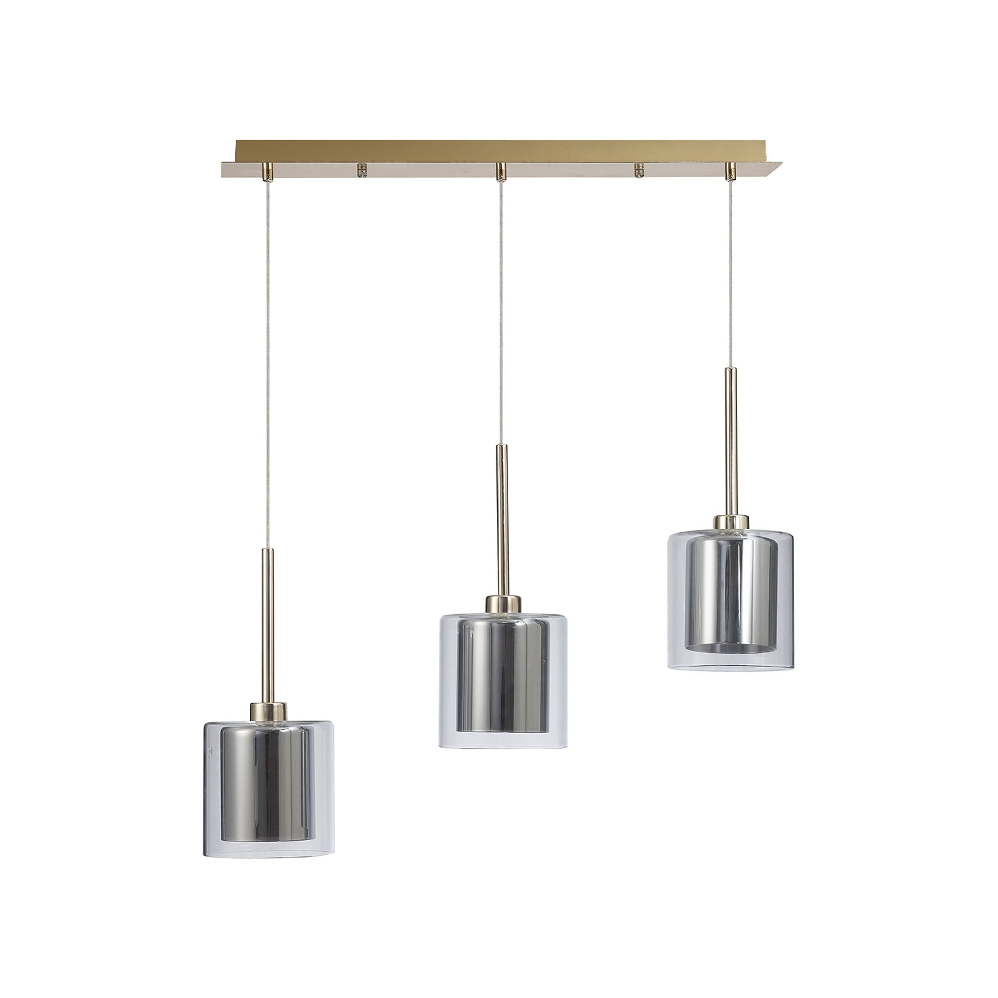 Fabula Tamworth 3 Light Linear Pendant - Medium Cylinder Shades with Clear Outer Glass - French Gold, Chrome & Clear Glass