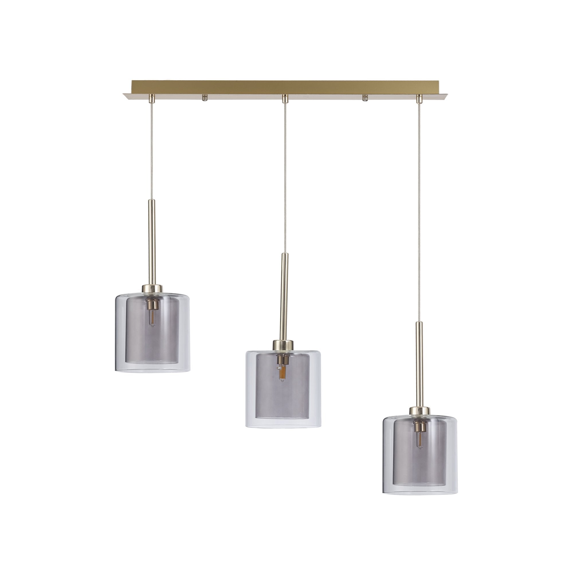 Fabula Tamworth 3 Light Linear Pendant - Medium Cylinder Shades with Clear Outer Glass - French Gold, Smoked & Clear Glass