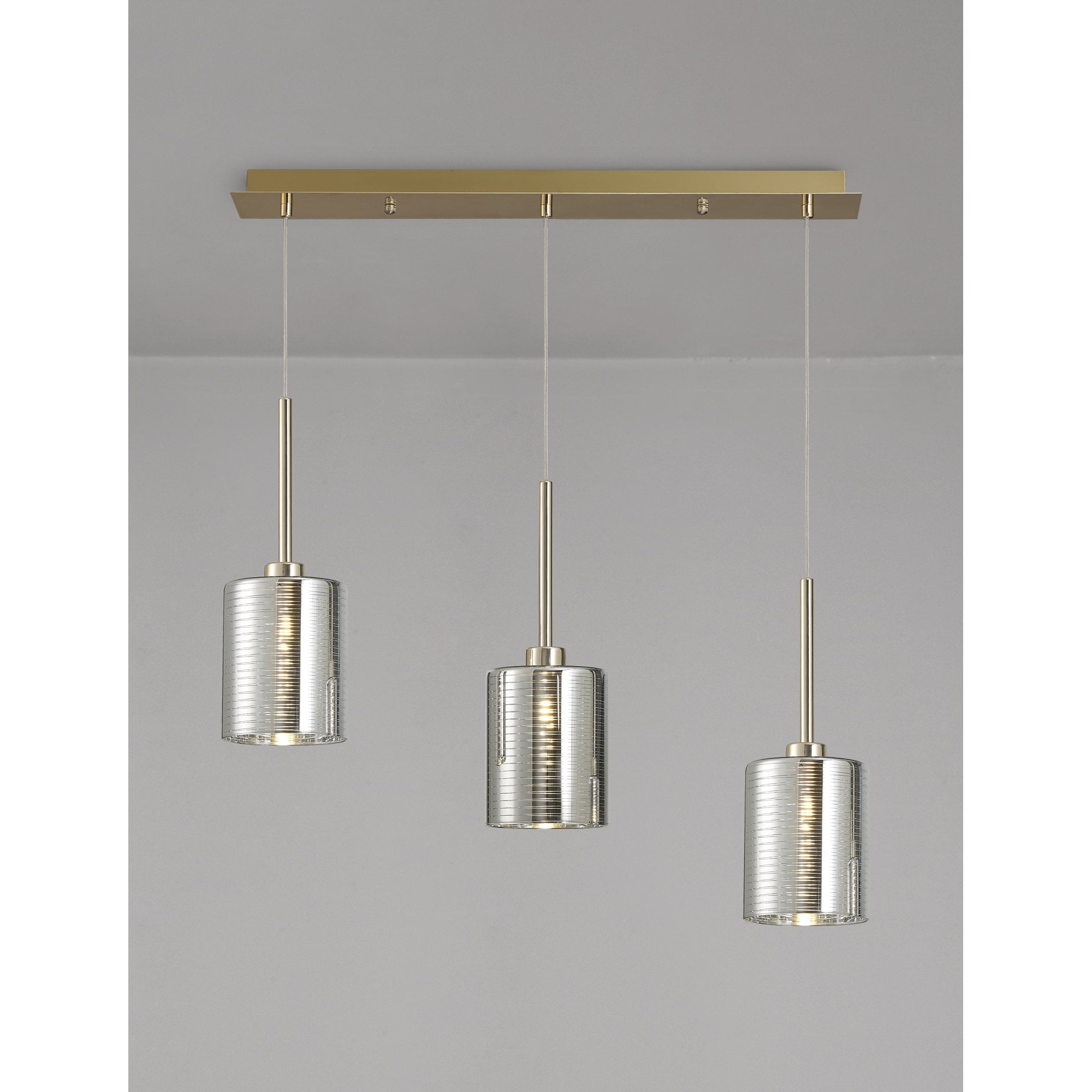 Fabula Tamworth 3 Light Linear Pendant - Medium Cylinder Shades - French Gold & Chrome Lined Glass