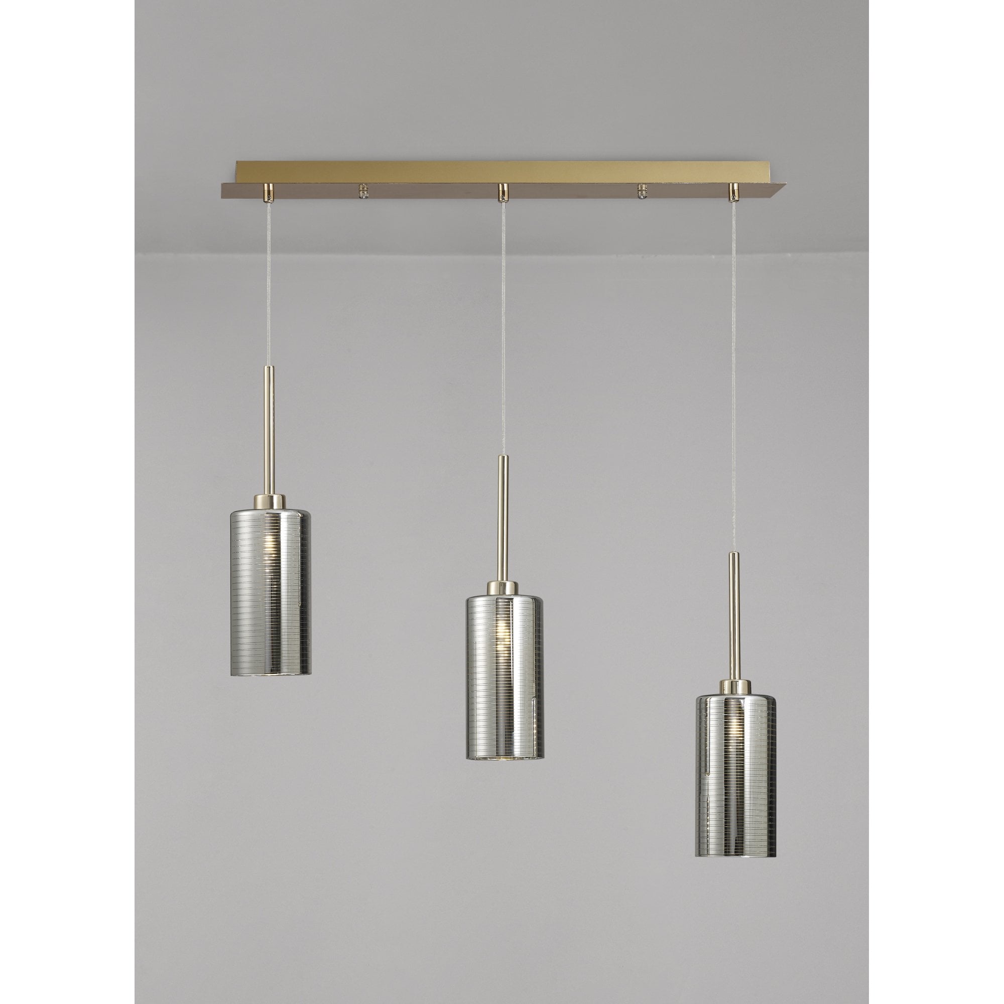 Fabula Tamworth 3 Light Linear Pendant - Tall Cylinder Shades - French Gold & Chrome Glass