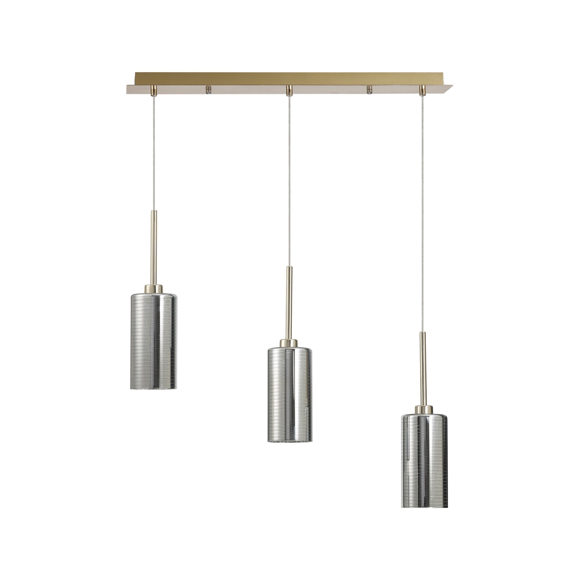 Fabula Tamworth 3 Light Linear Pendant - Tall Cylinder Shades - French Gold & Chrome Glass