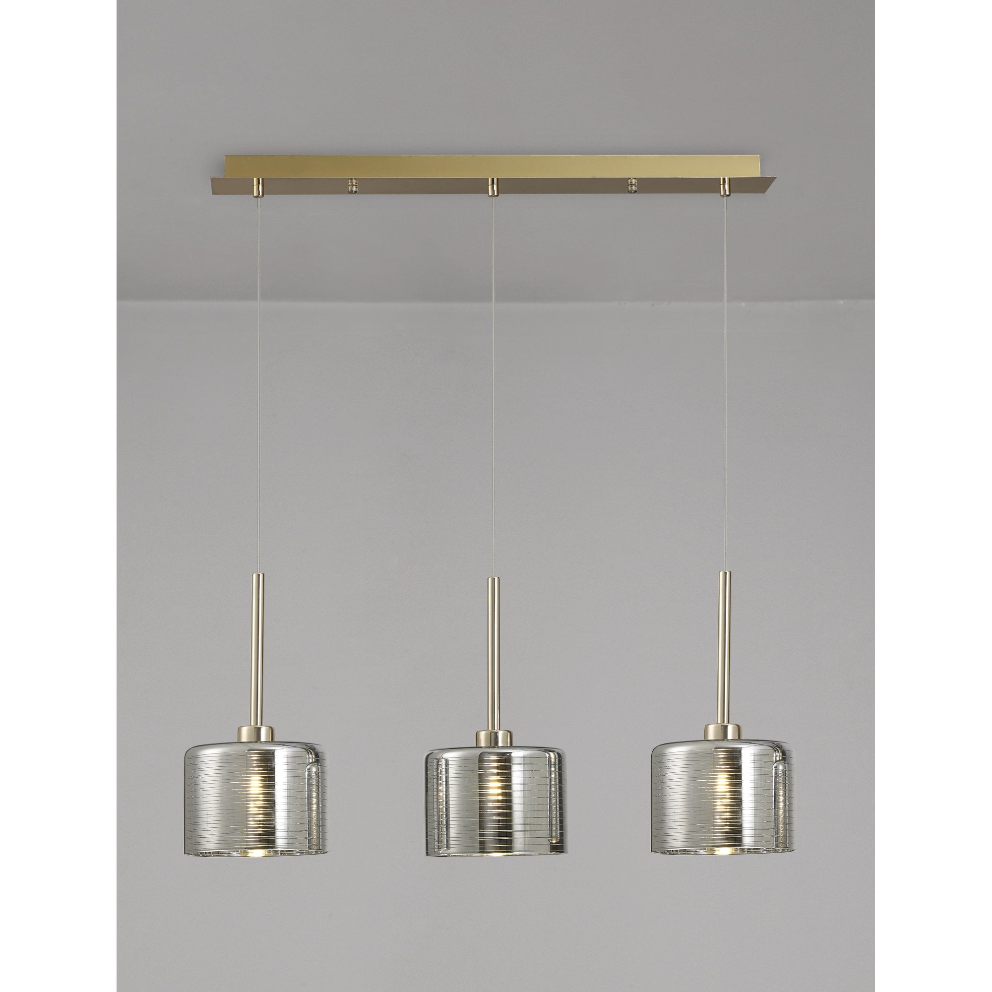 Fabula Tamworth 3 Light Linear Pendant - Short Cylinder Shades - French Gold & Chrome Glass