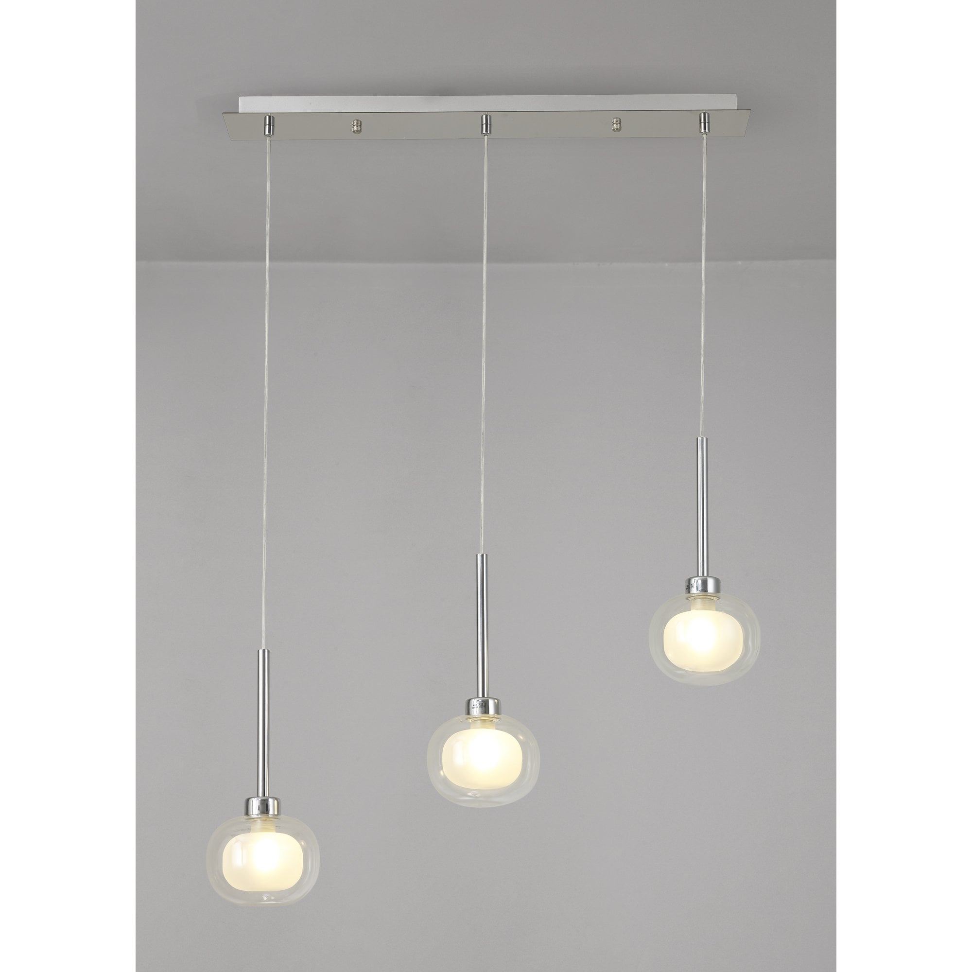 Fabula Tamworth 3 Light Linear Pendant - Flattened Round Shades with Inner Frosted Globes - French Gold, Clear & Frosted Glass