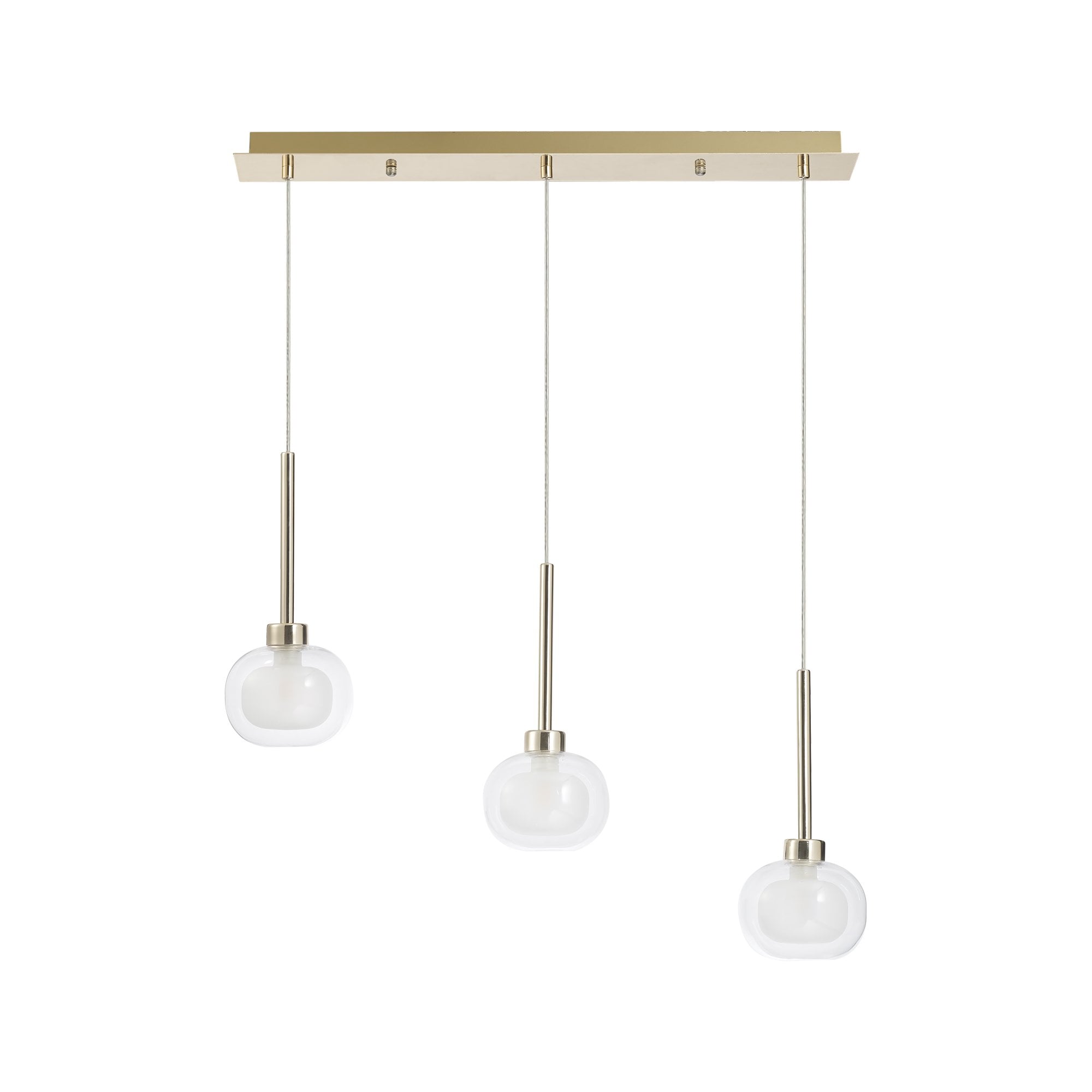 Fabula Tamworth 3 Light Linear Pendant - Flattened Round Shades with Inner Frosted Globes - French Gold, Clear & Frosted Glass