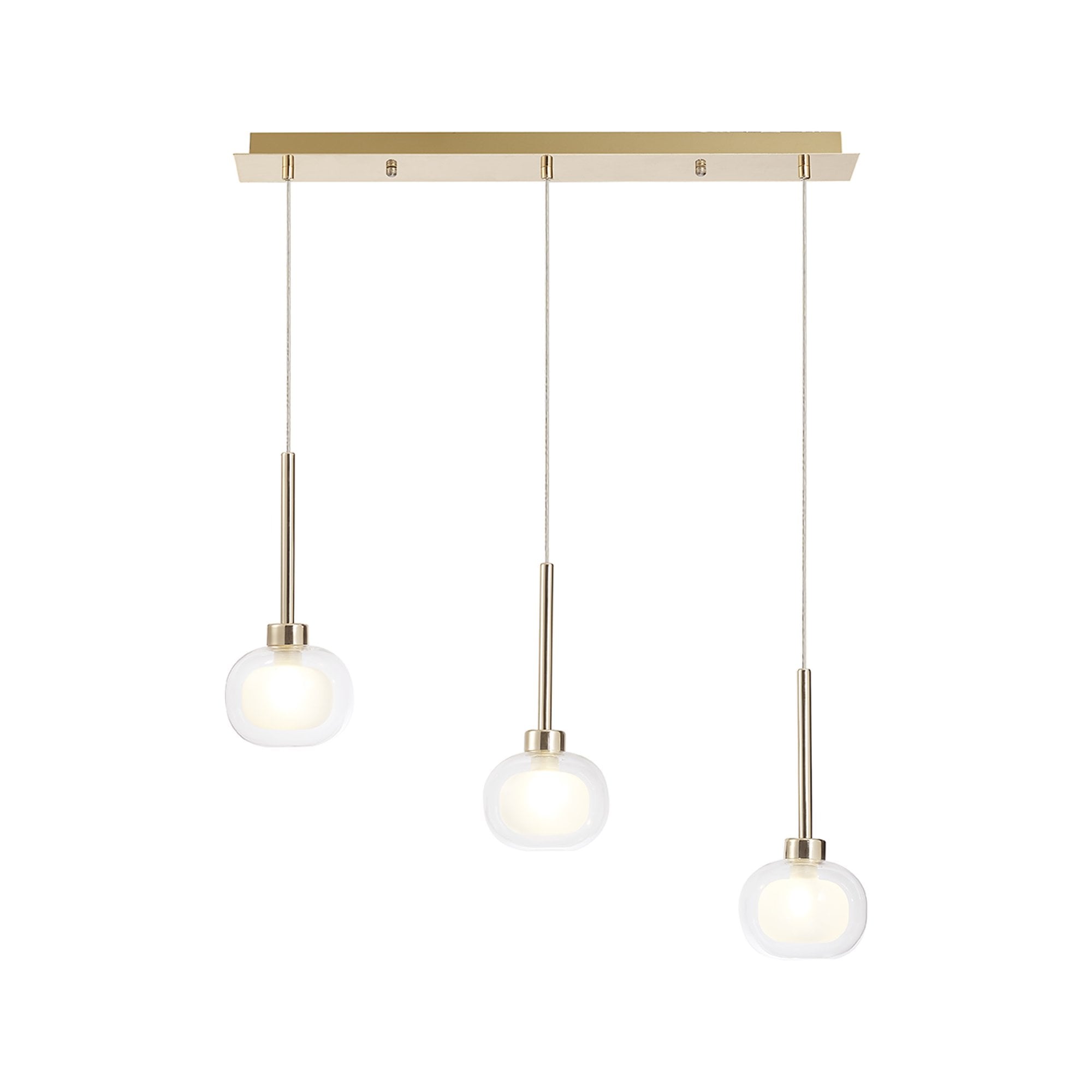 Fabula Tamworth 3 Light Linear Pendant - Flattened Round Shades with Inner Frosted Globes - French Gold, Clear & Frosted Glass