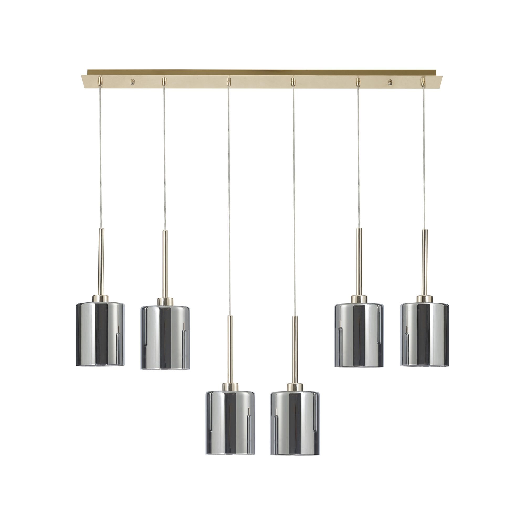 Fabula Tamworth 6 Light Linear Pendant - Medium Cylinder Shades - French Gold & Chrome Glass