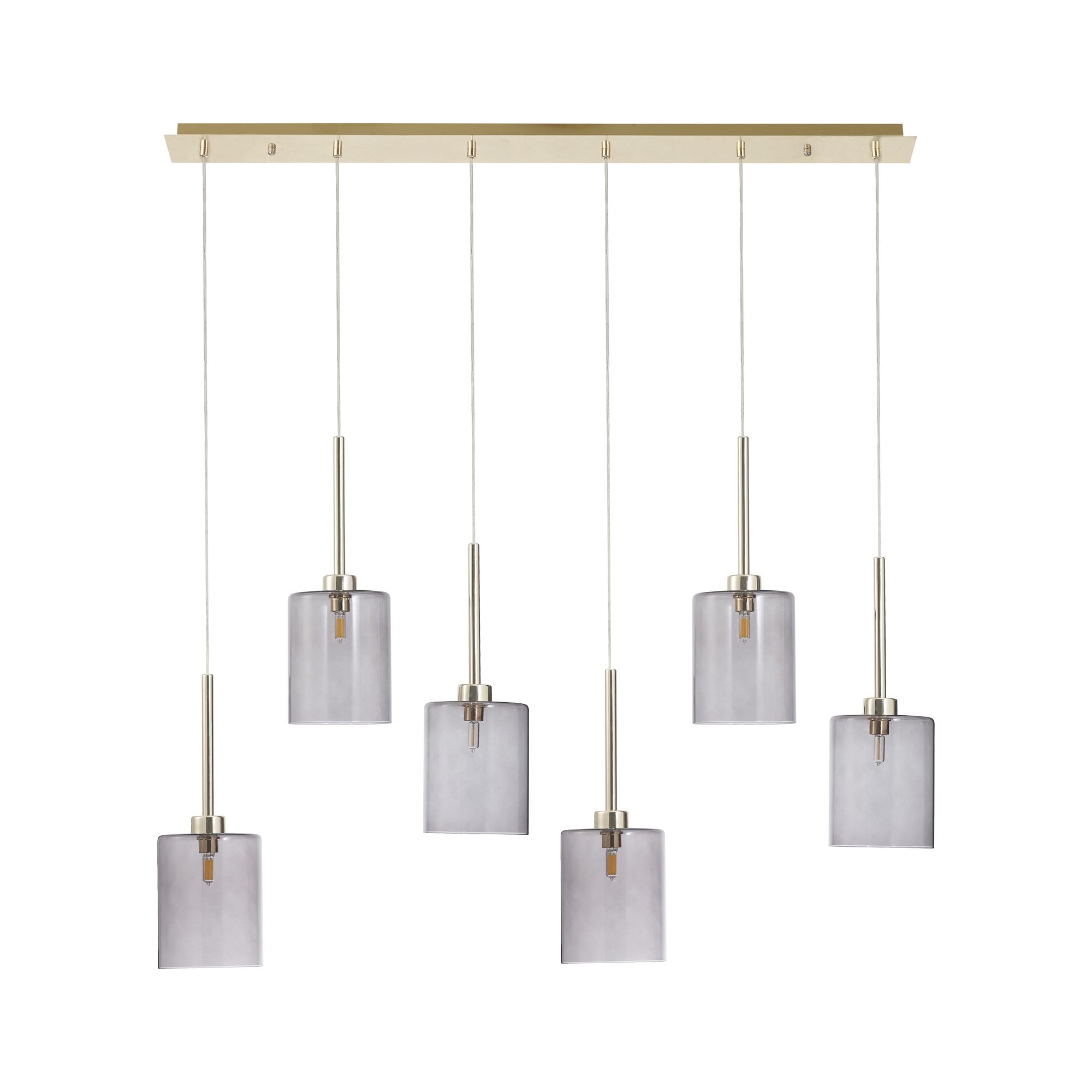 Fabula Tamworth 6 Light Linear Pendant - Medium Cylinder Shades - French Gold & Smoked Glass