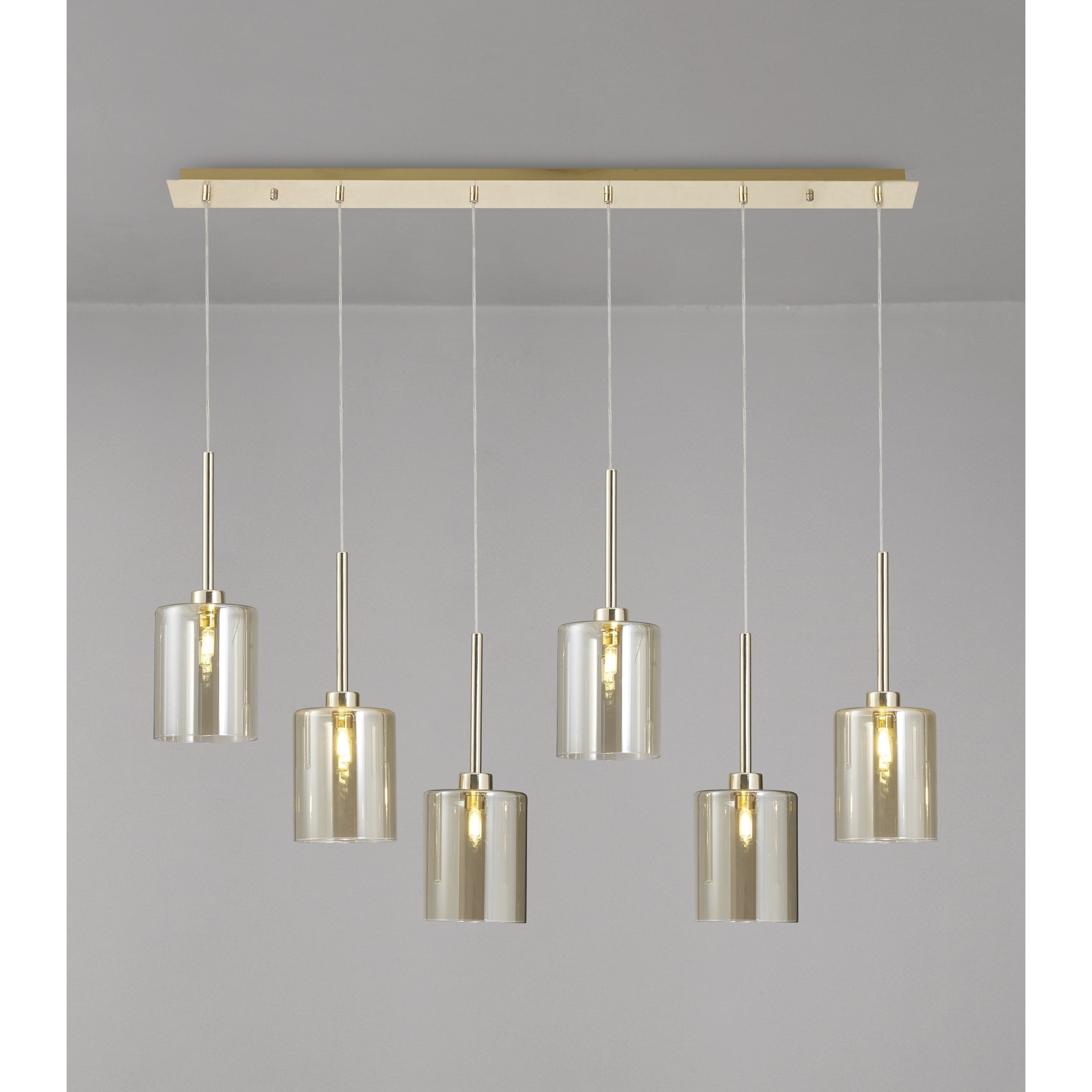 Fabula Tamworth 6 Light Linear Pendant - Medium Cylinder Shades - French Gold & Cognac Glass