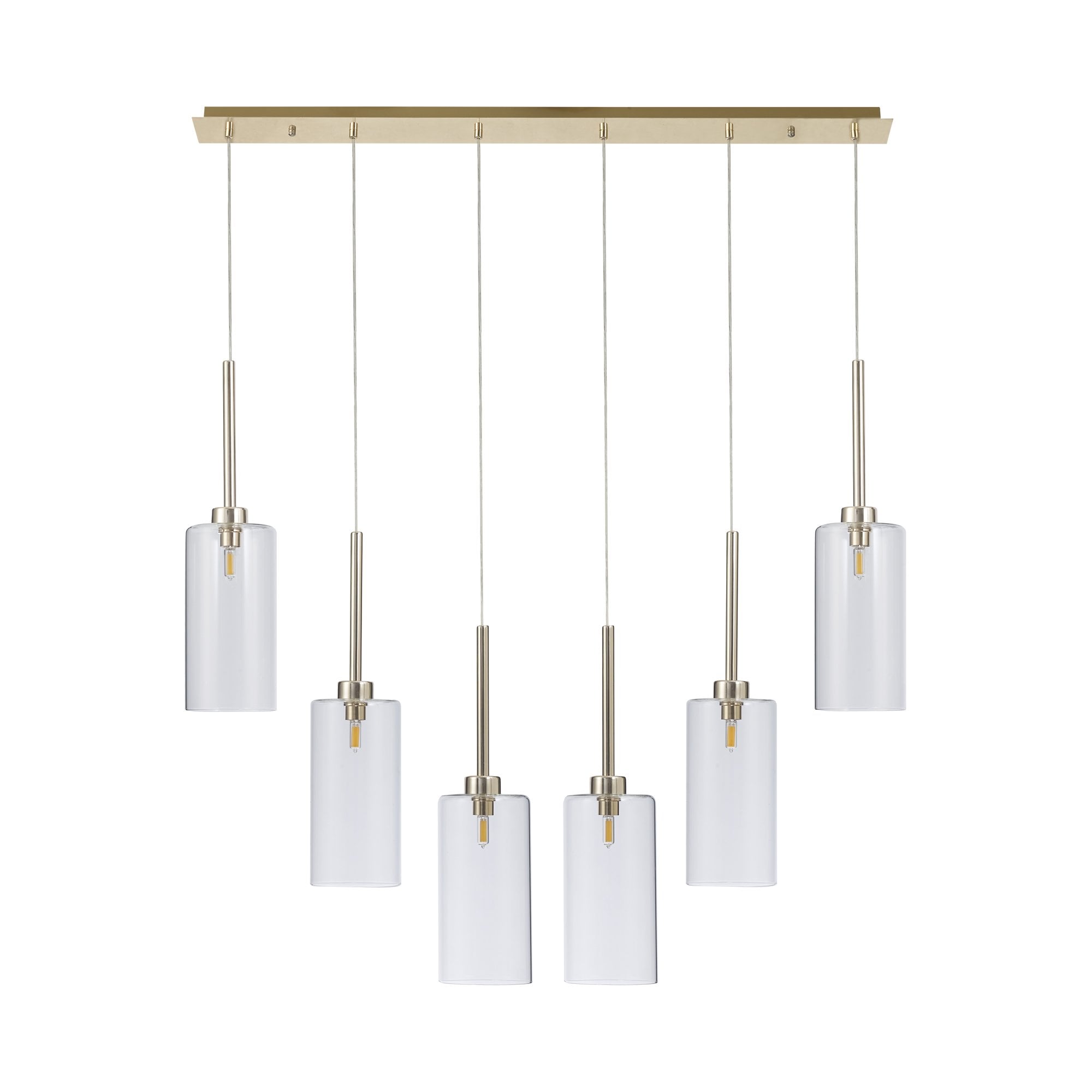Fabula Tamworth 6 Light Linear Pendant - Tall Cylinder Shades - French Gold & Clear Glass
