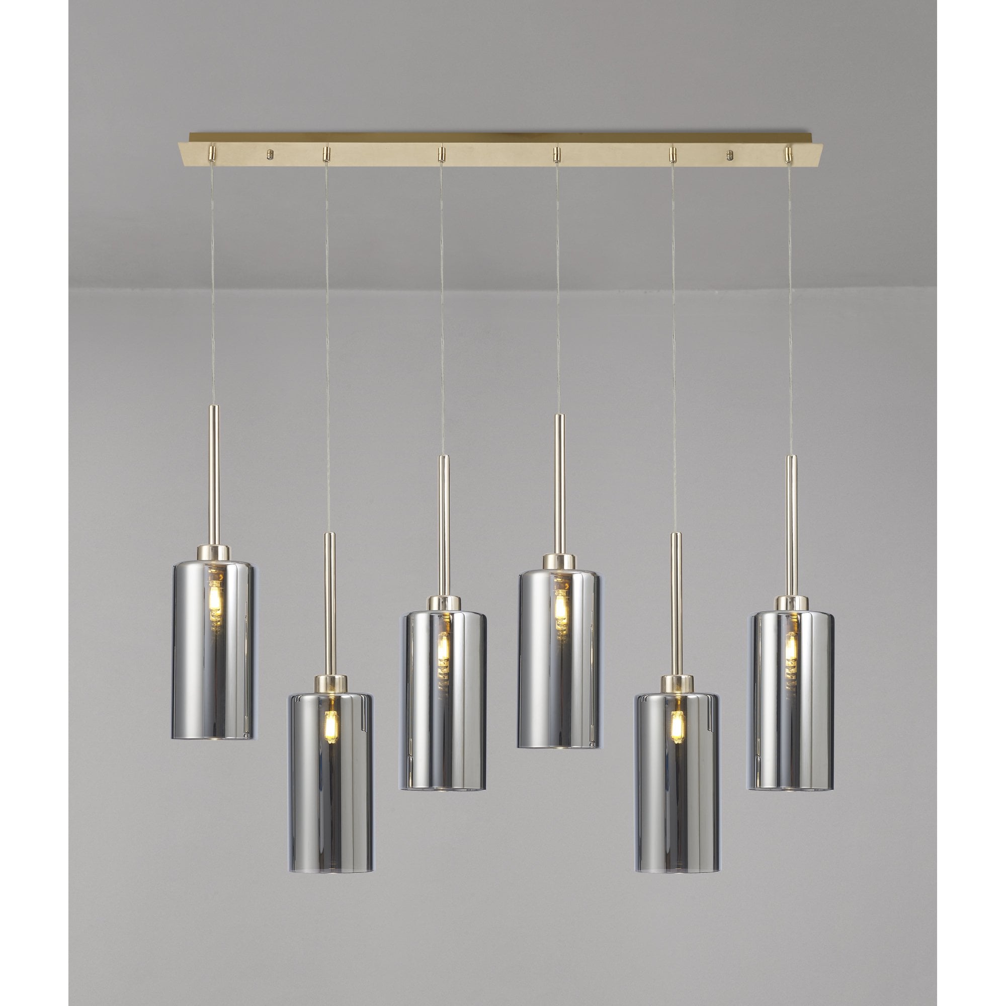 Fabula Tamworth 6 Light Linear Pendant - Tall Cylinder Shades - French Gold & Chrome Glass