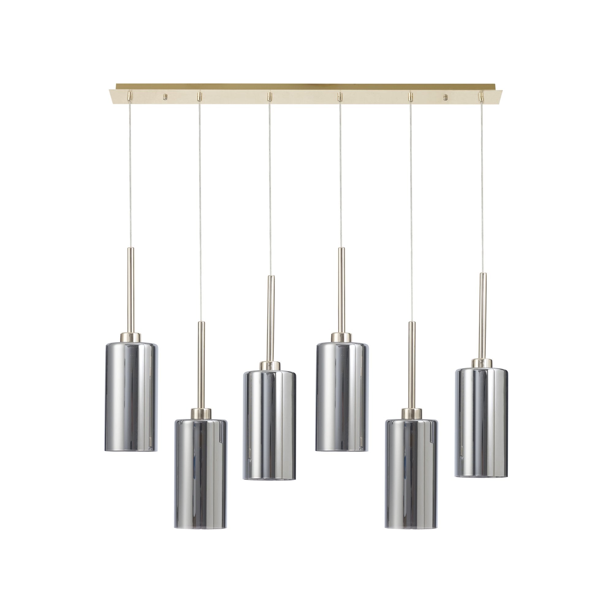 Fabula Tamworth 6 Light Linear Pendant - Tall Cylinder Shades - French Gold & Chrome Glass