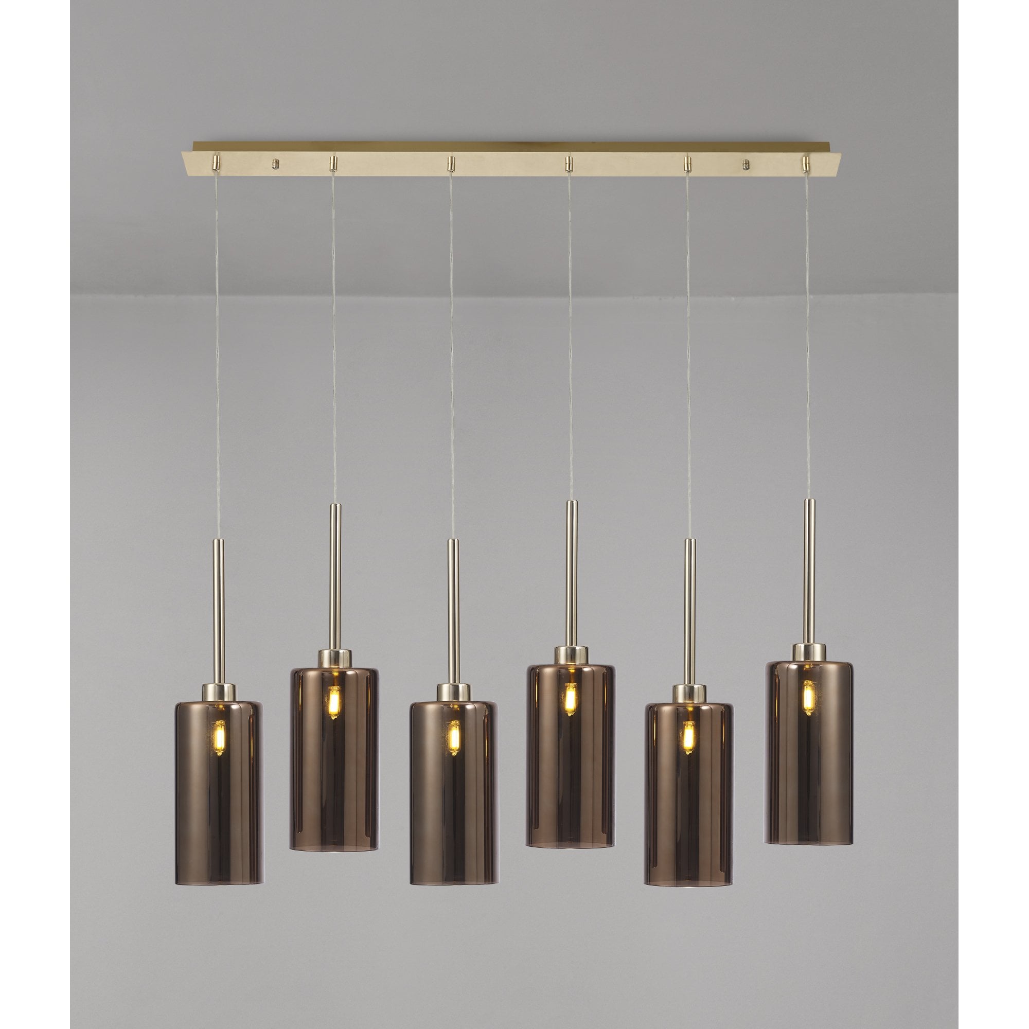 Fabula Tamworth 6 Light Linear Pendant - Tall Cylinder Shades - French Gold & Copper Glass