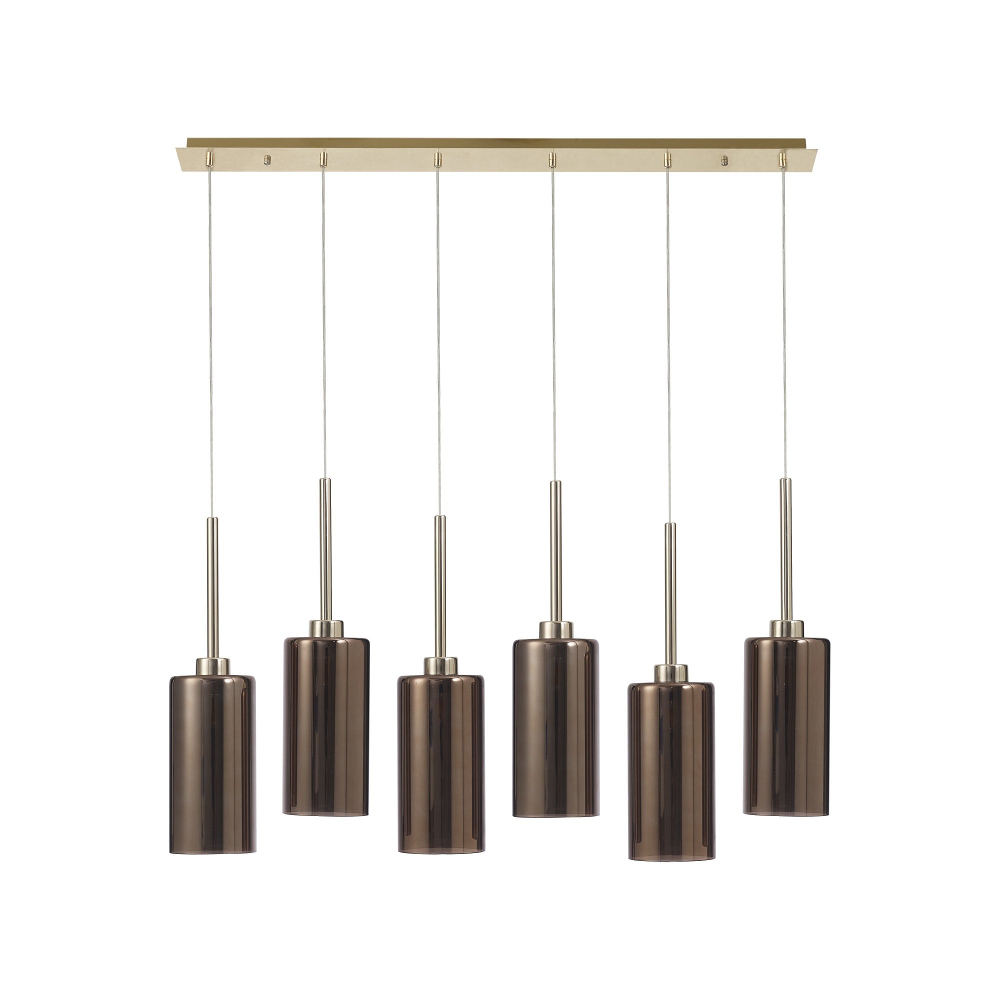 Fabula Tamworth 6 Light Linear Pendant - Tall Cylinder Shades - French Gold & Copper Glass