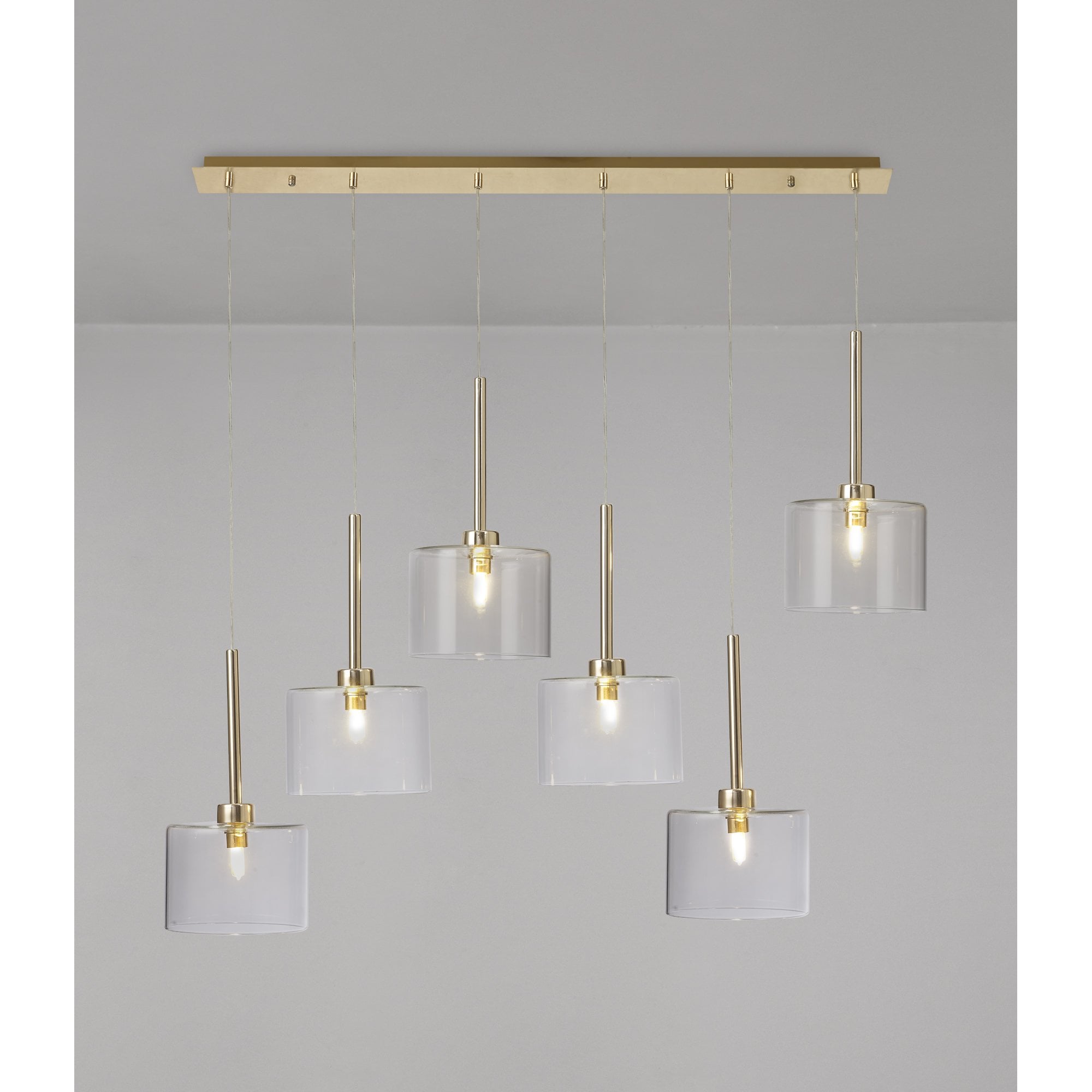 Fabula Tamworth 6 Light Linear Pendant - Short Cylinder Shades - French Gold & Clear Glass