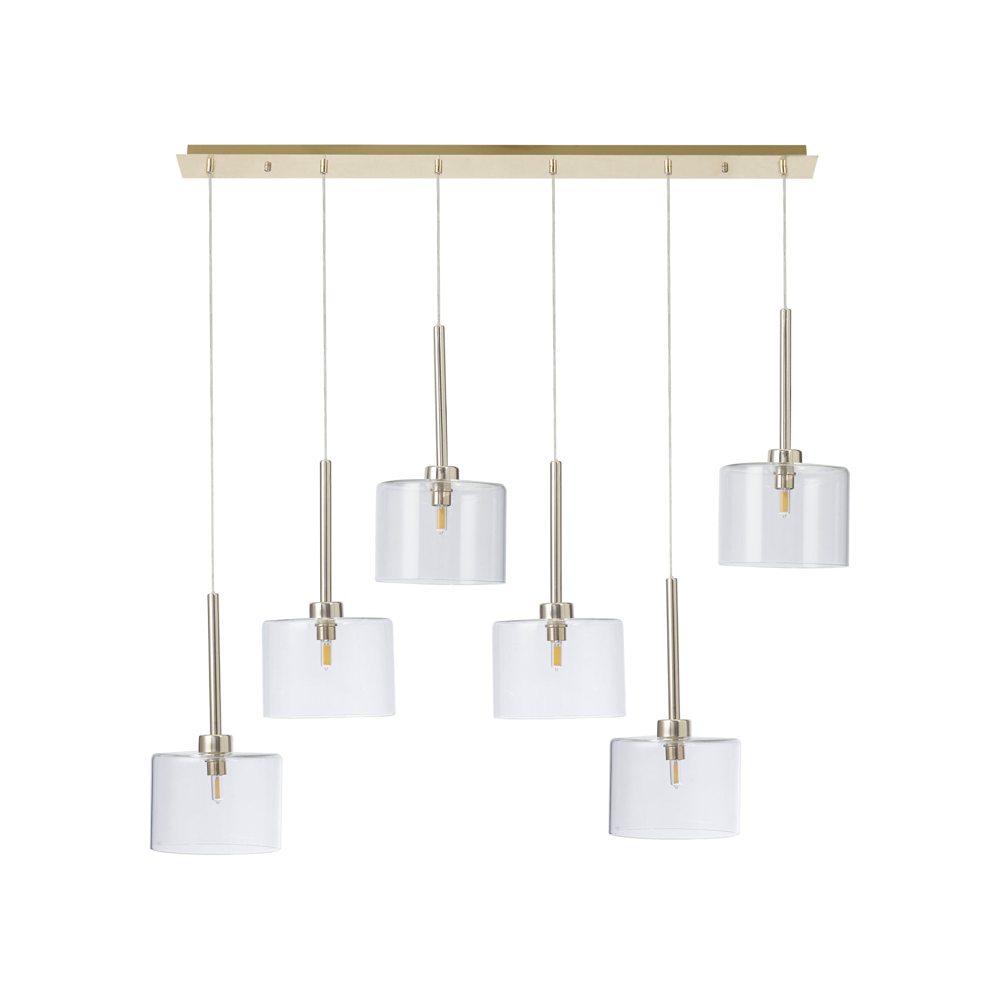 Fabula Tamworth 6 Light Linear Pendant - Short Cylinder Shades - French Gold & Clear Glass