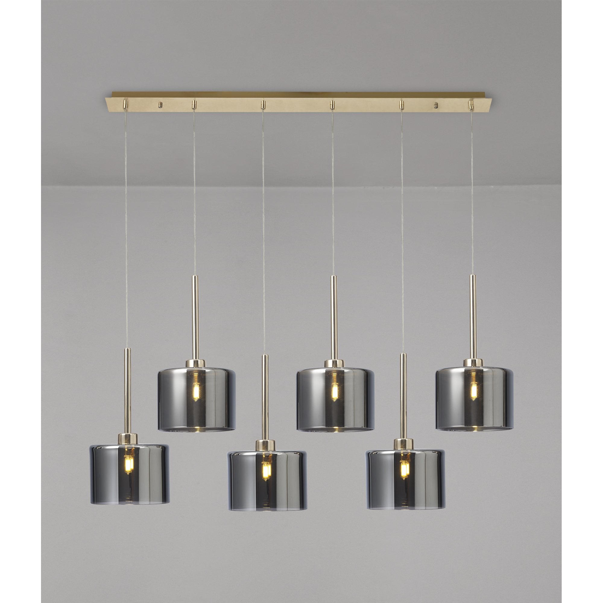 Fabula Tamworth 6 Light Linear Pendant - Short Cylinder Shades - French Gold & Chrome Glass