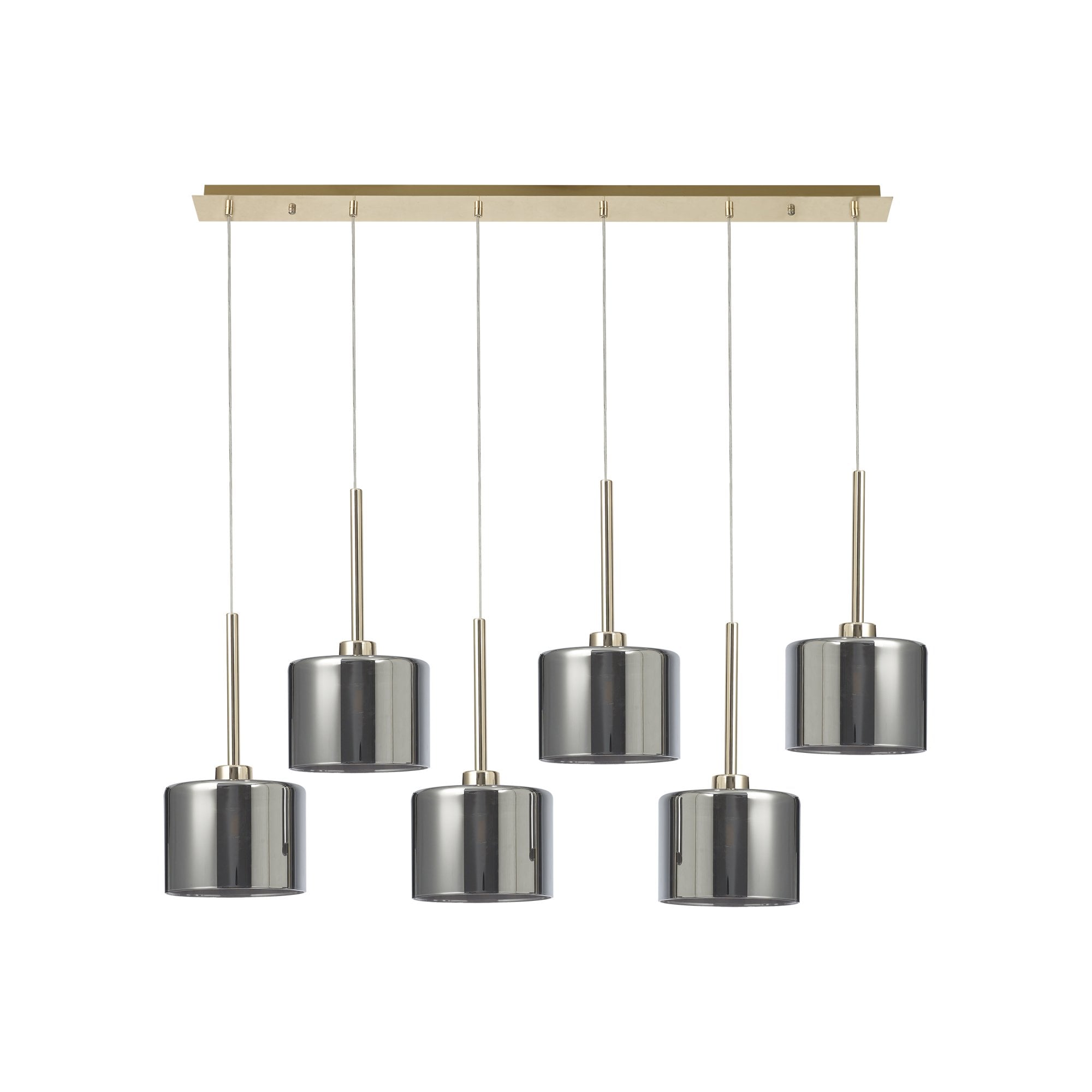 Fabula Tamworth 6 Light Linear Pendant - Short Cylinder Shades - French Gold & Chrome Glass