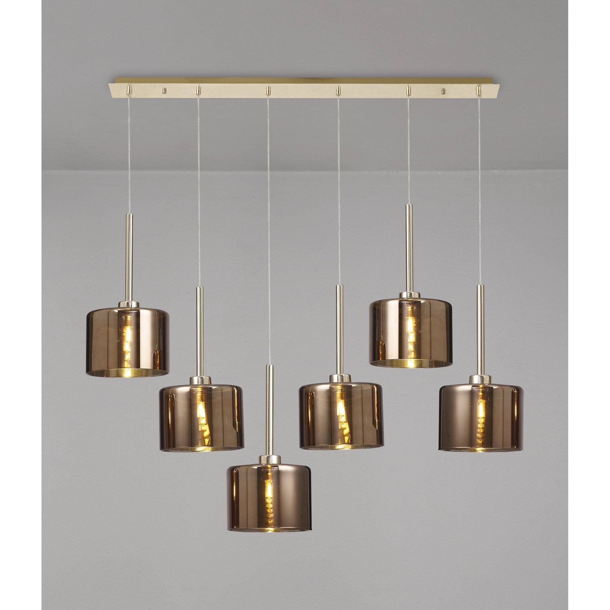 Fabula Tamworth 6 Light Linear Pendant - Short Cylinder Shades - French Gold & Copper Glass
