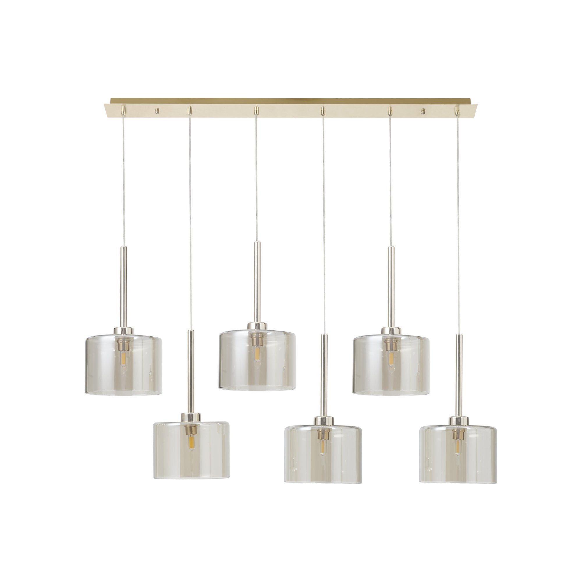 Fabula Tamworth 6 Light Linear Pendant - Short Cylinder Shades - French Gold & Cognac Glass