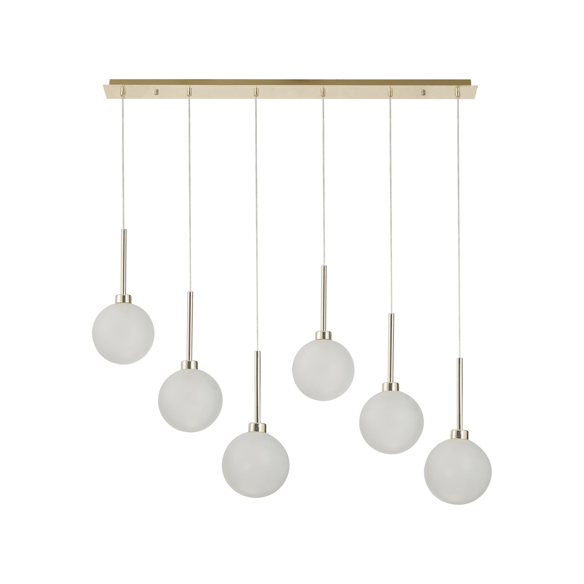 Fabula Tamworth 6 Light Linear Pendant - Round Shades with Inner Frosted Globes - French Gold & Frosted Glass