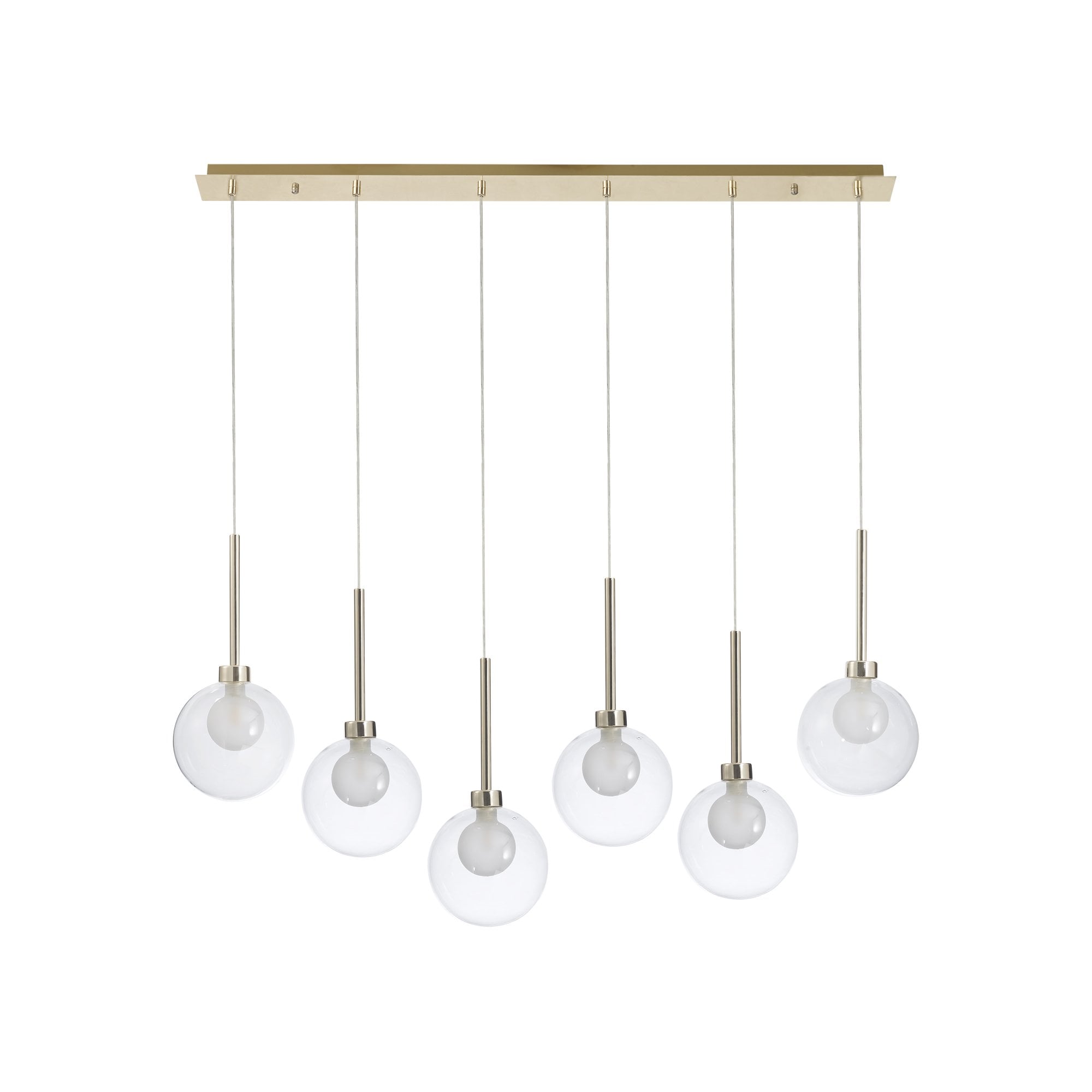 Fabula Tamworth 6 Light Linear Pendant - Round Shades with Inner Frosted Globes - French Gold, Clear & Frosted Glass