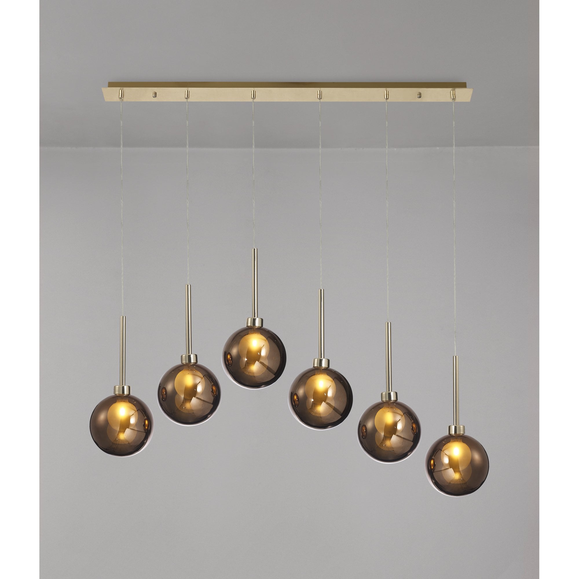 Fabula Tamworth 6 Light Linear Pendant - Round Shades with Inner Frosted Globes - French Gold, Copper & Frosted Glass