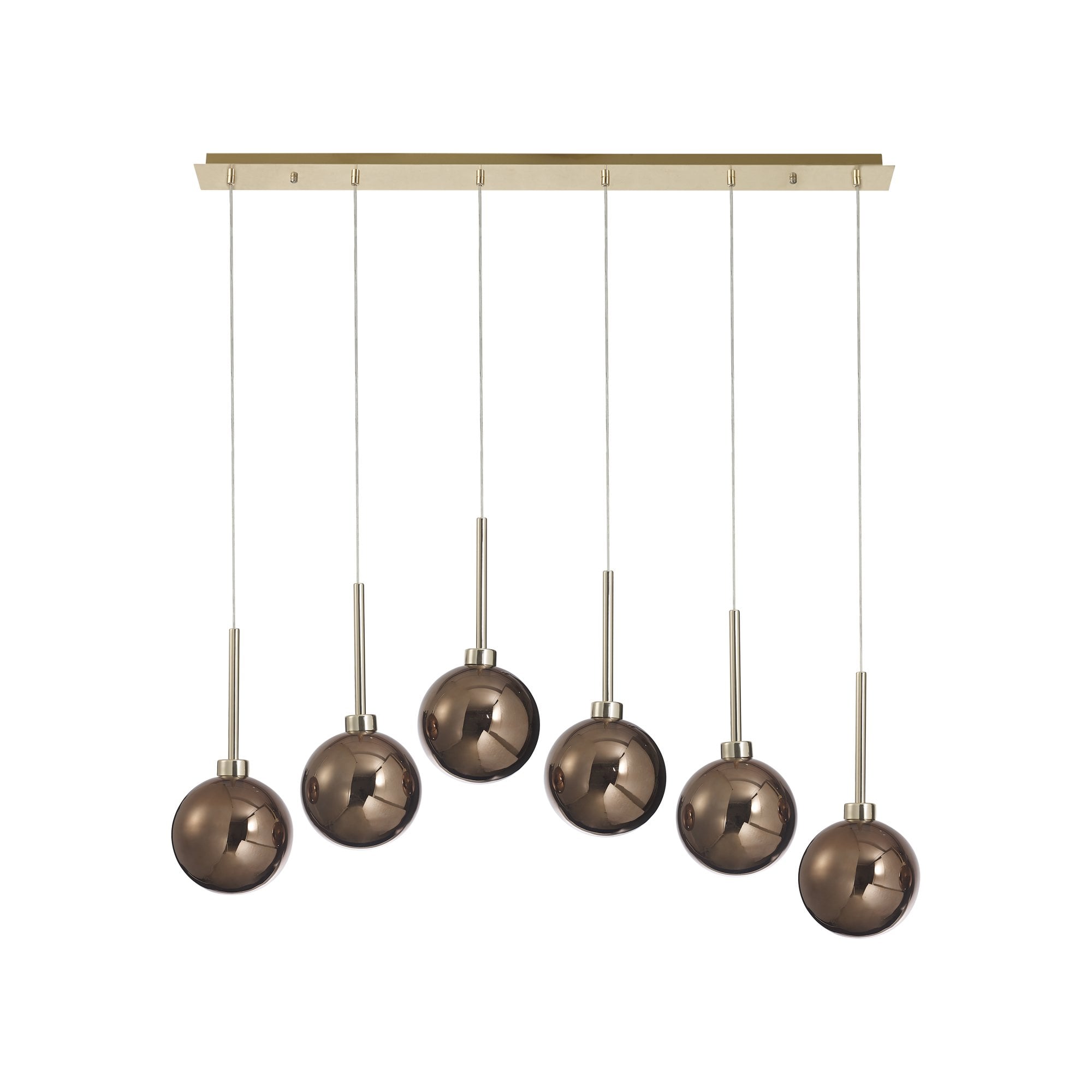 Fabula Tamworth 6 Light Linear Pendant - Round Shades with Inner Frosted Globes - French Gold, Copper & Frosted Glass