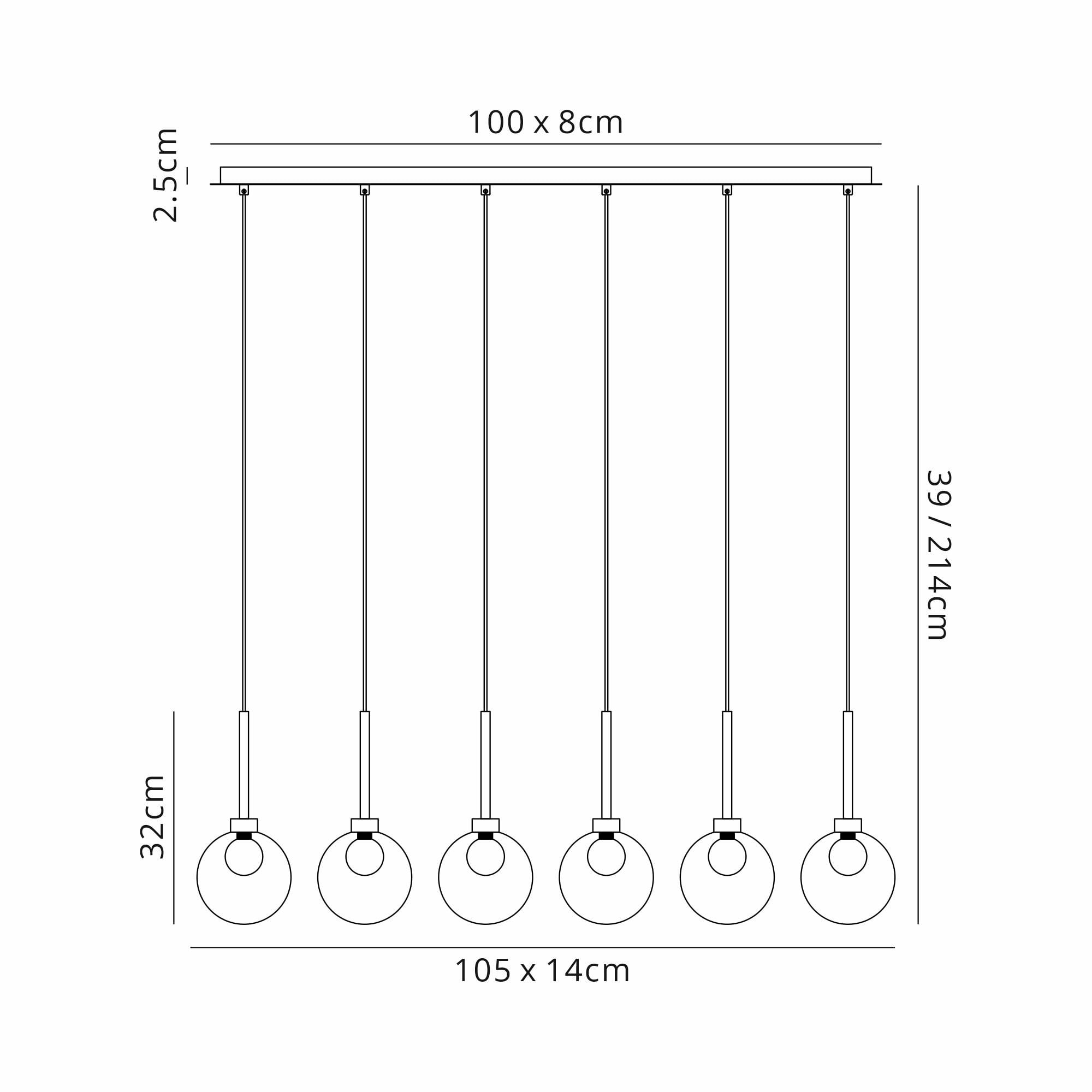 Fabula Tamworth 6 Light Linear Pendant - Round Shades with Inner Frosted Globes - French Gold, Copper & Frosted Glass