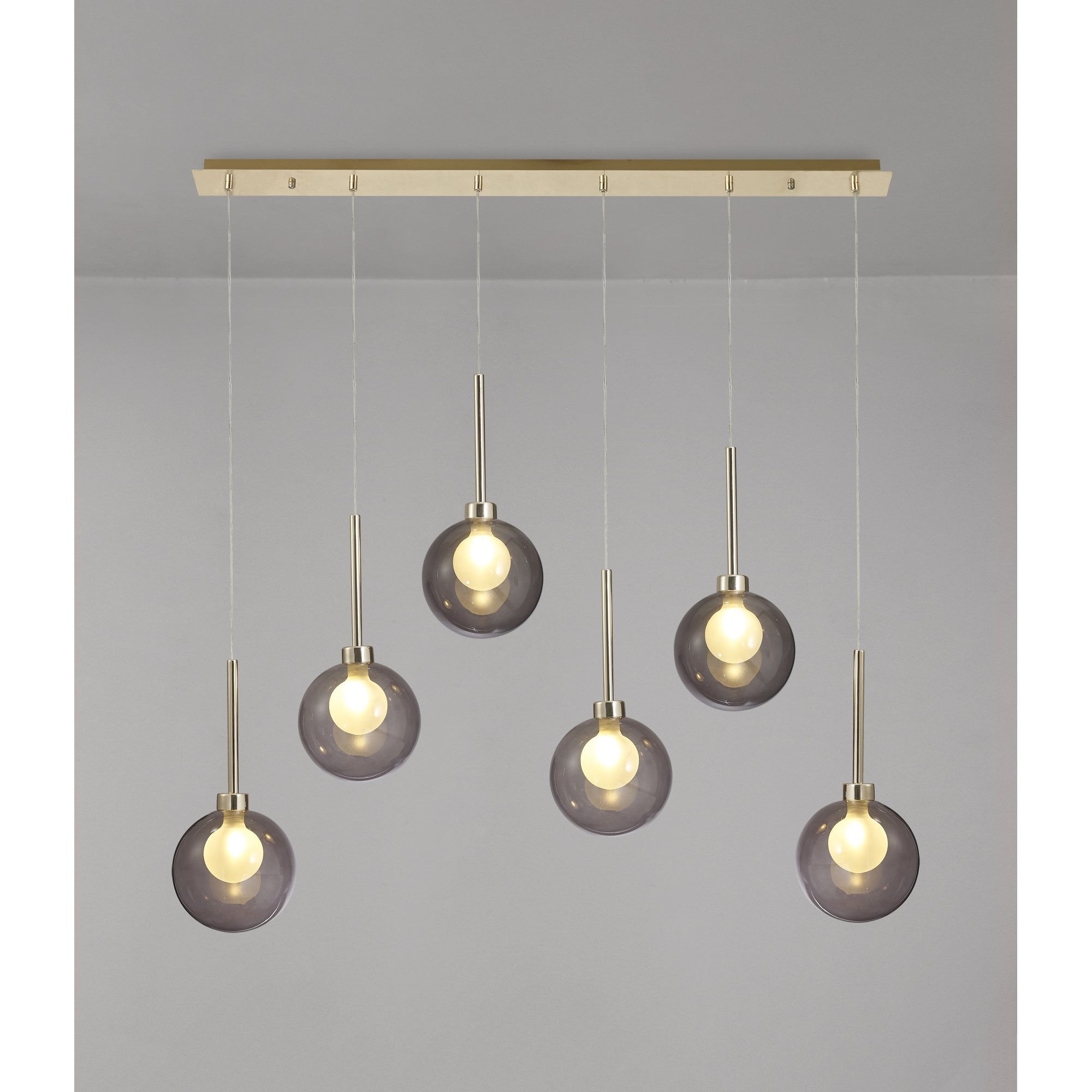 Fabula Tamworth 6 Light Linear Pendant - Round Shades with Inner Frosted Globes - French Gold, Smoked & Frosted Glass