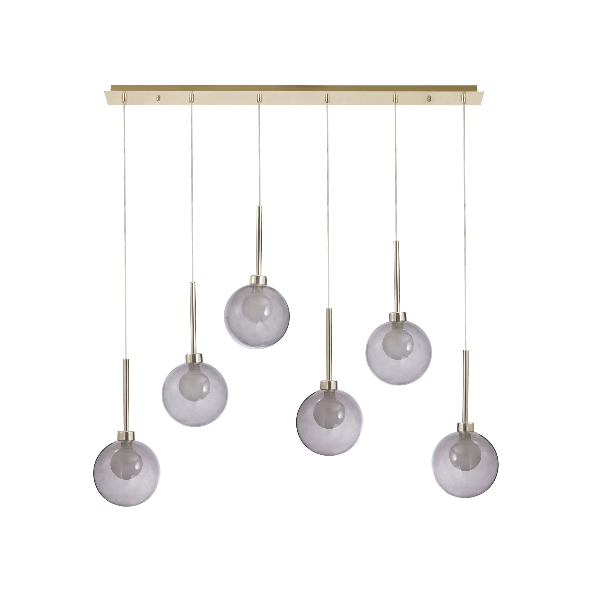 Fabula Tamworth 6 Light Linear Pendant - Round Shades with Inner Frosted Globes - French Gold, Smoked & Frosted Glass