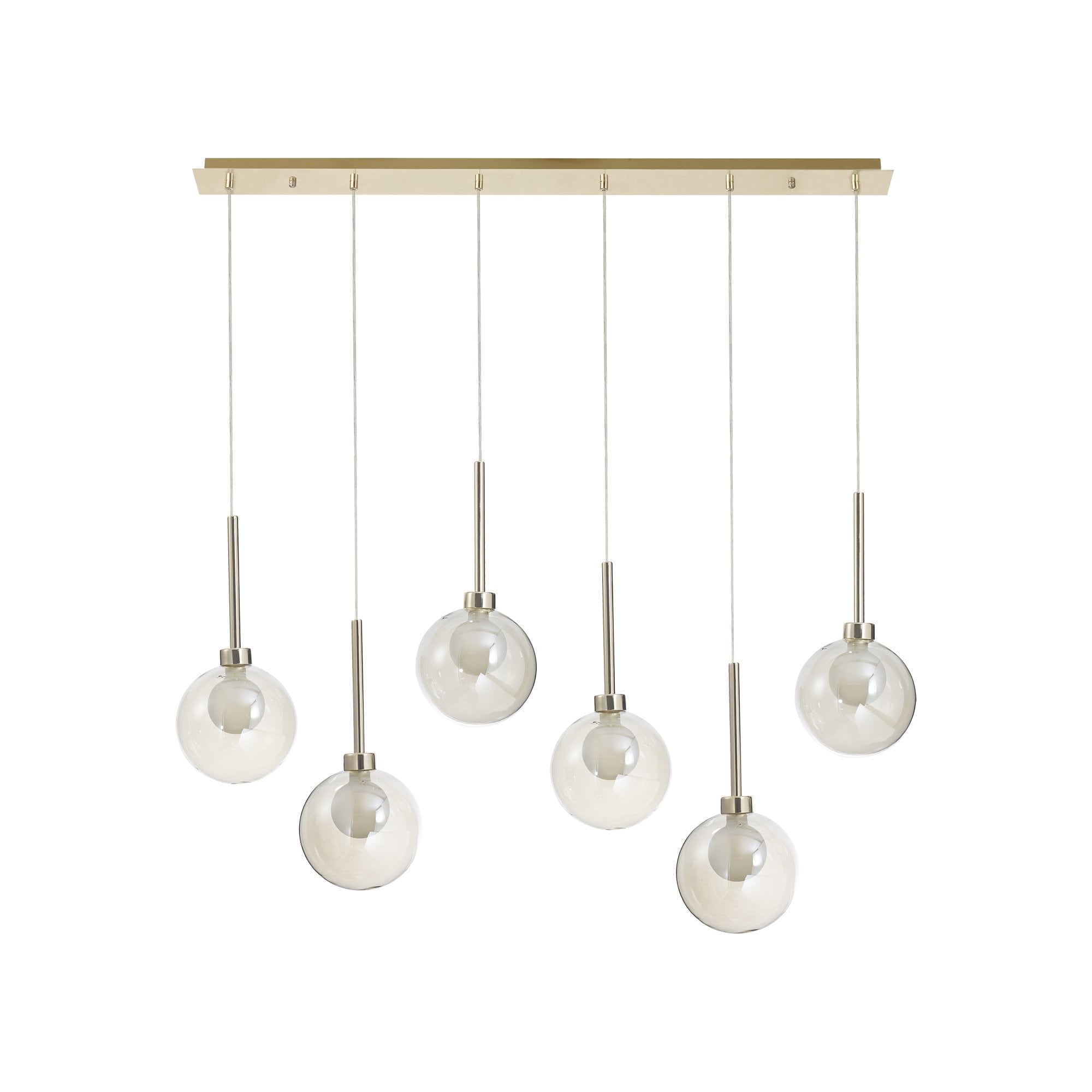 Fabula Tamworth 6 Light Linear Pendant - Round Shades with Inner Frosted Globes - French Gold, Cognac & Frosted Glass