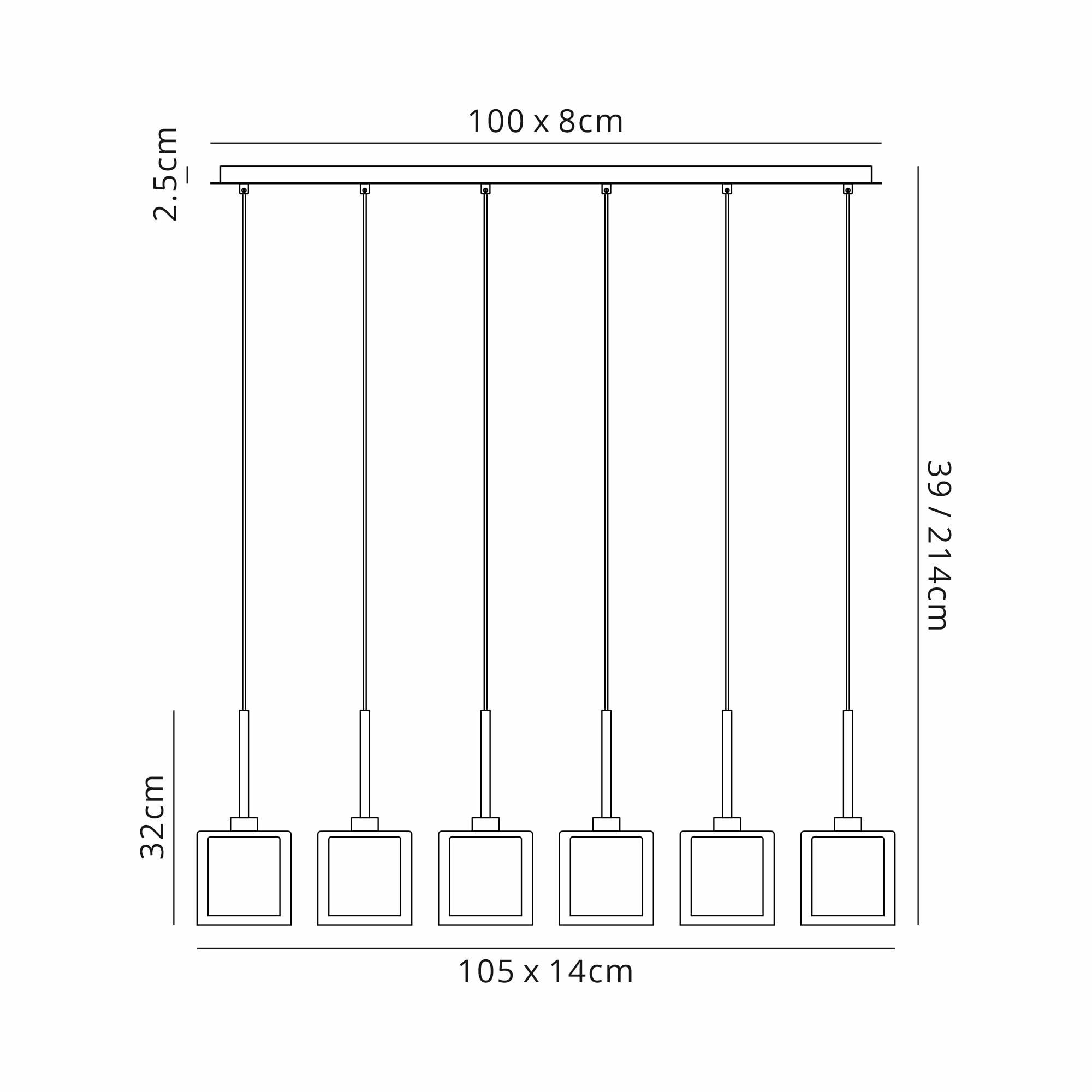 Fabula Tamworth 6 Light Linear Pendant - Medium Cylinder Shades with Clear Outer Glass - French Gold, Frosted & Clear Glass