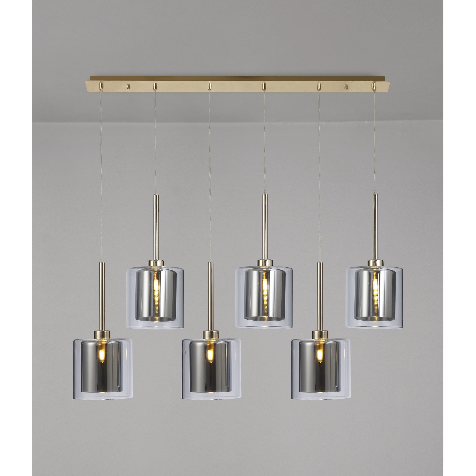 Fabula Tamworth 6 Light Linear Pendant - Medium Cylinder Shades with Clear Outer Glass - French Gold, Chrome & Clear Glass