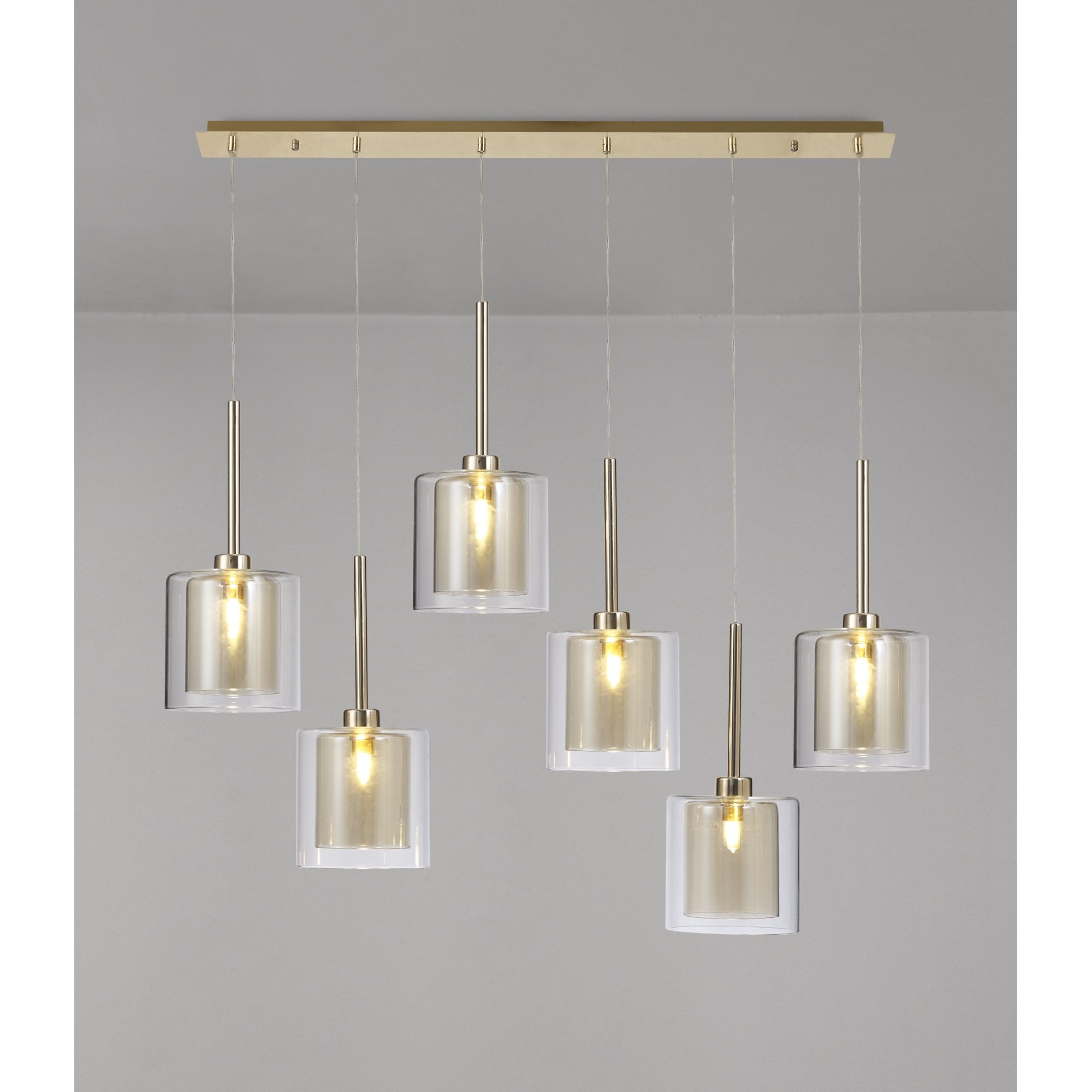 Fabula Tamworth 6 Light Linear Pendant - Medium Cylinder Shades with Clear Outer Glass - French Gold, Cognac & Clear Glass