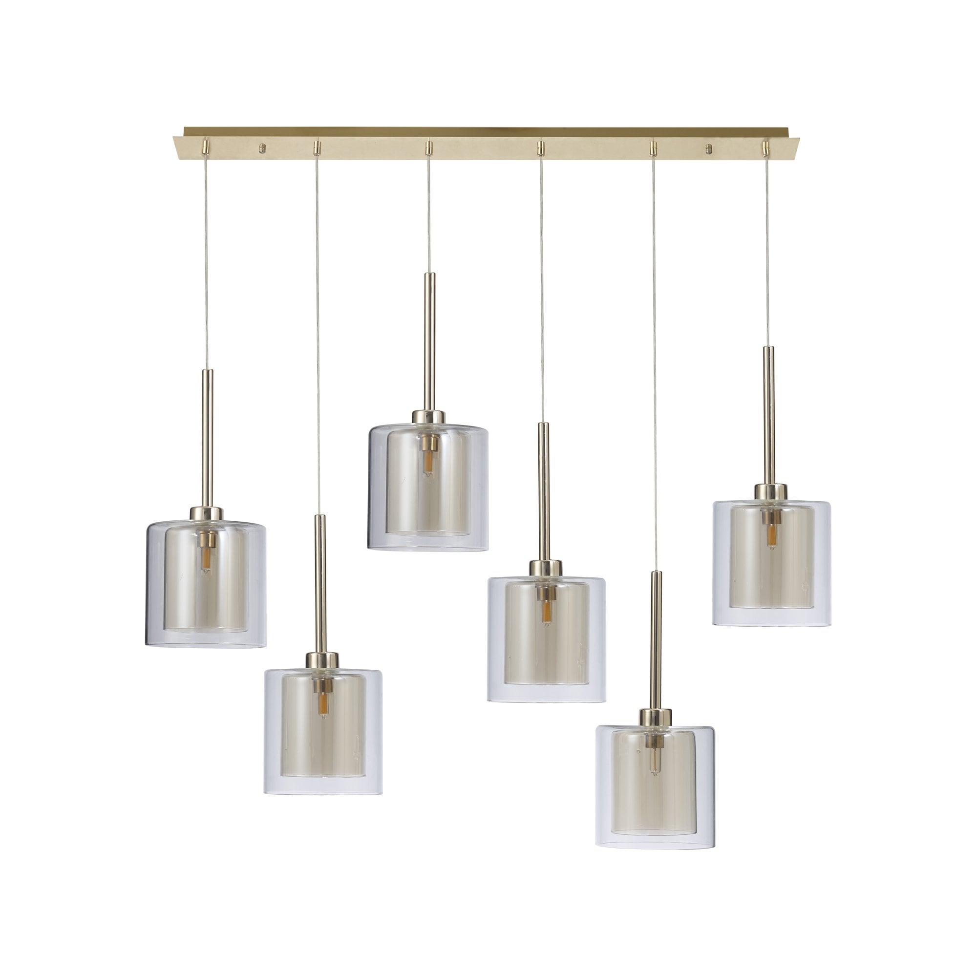 Fabula Tamworth 6 Light Linear Pendant - Medium Cylinder Shades with Clear Outer Glass - French Gold, Cognac & Clear Glass