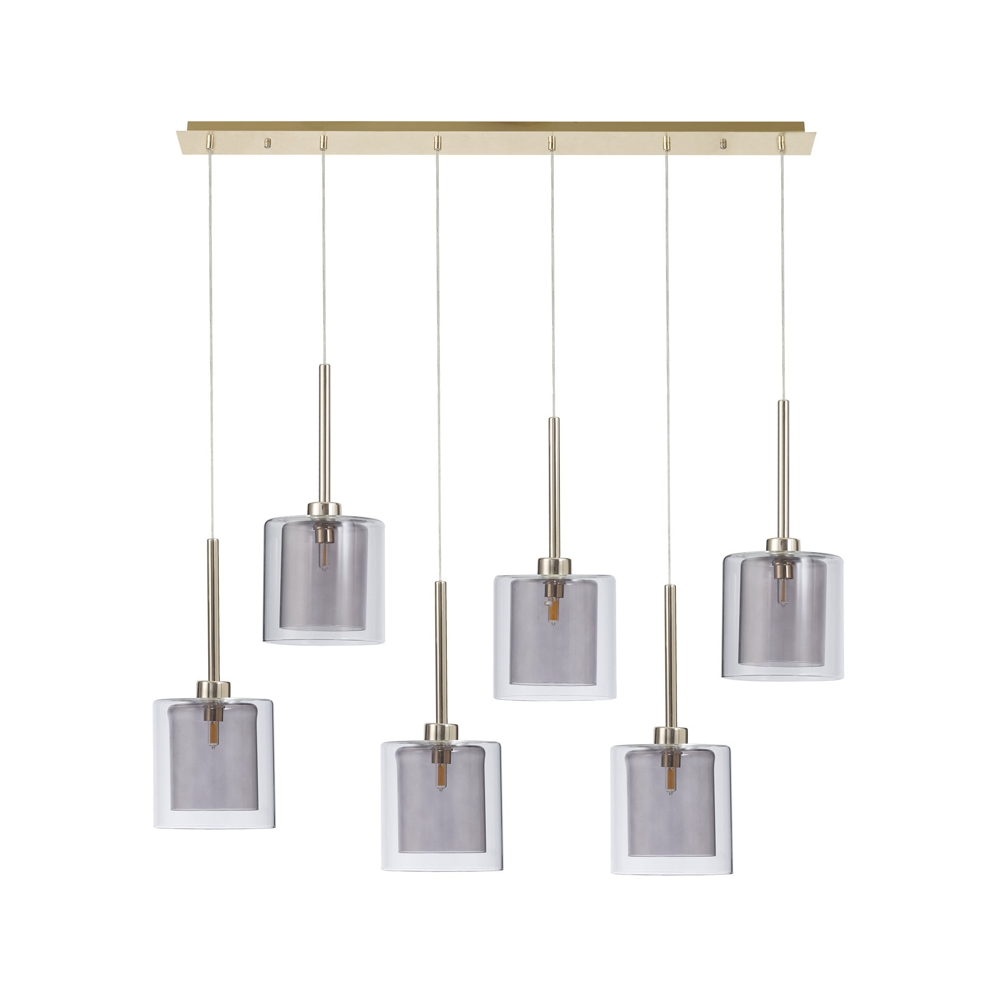 Fabula Tamworth 6 Light Linear Pendant - Medium Cylinder Shades with Clear Outer Glass - French Gold, Smoked & Clear Glass