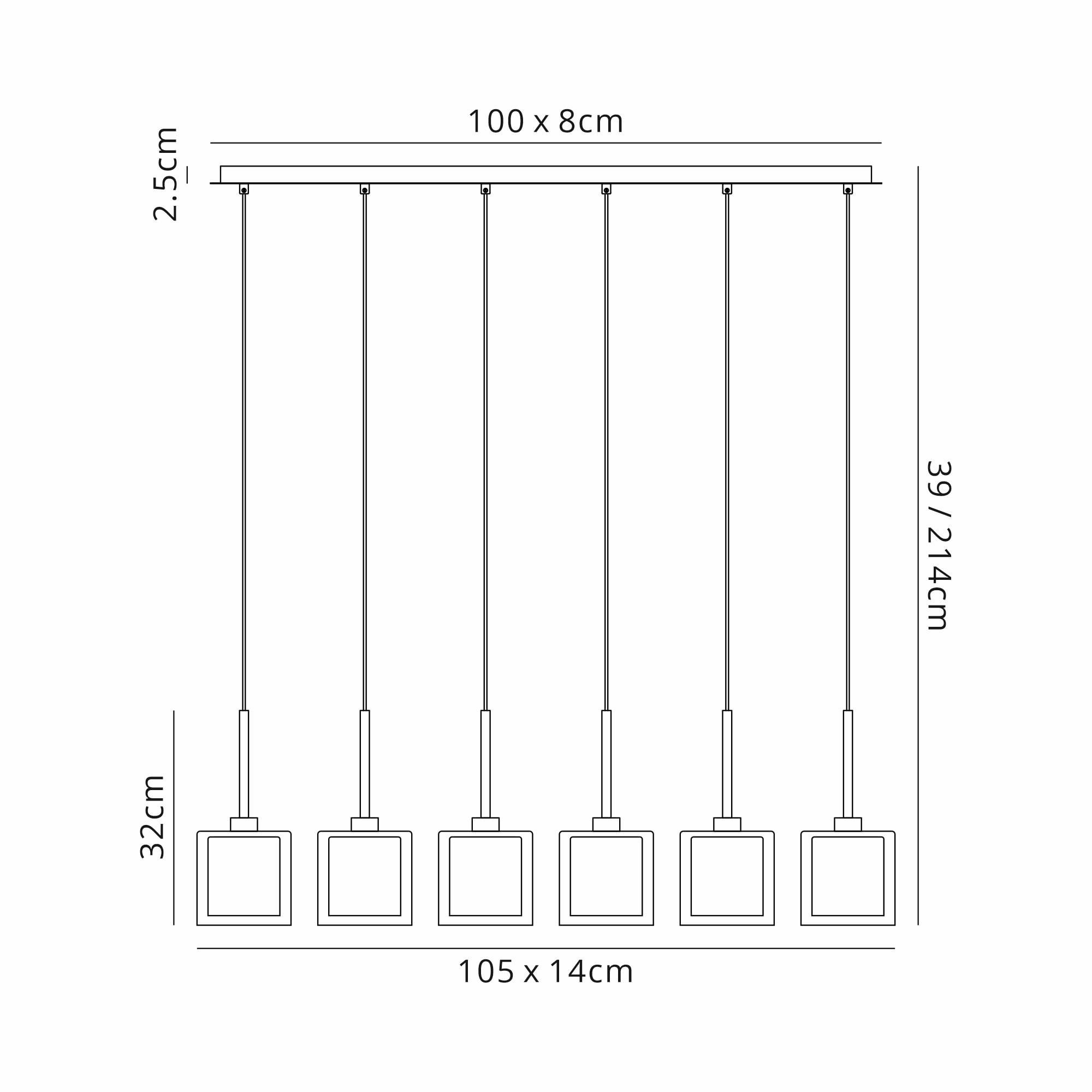 Fabula Tamworth 6 Light Linear Pendant - Medium Cylinder Shades with Clear Outer Glass - French Gold, Smoked & Clear Glass