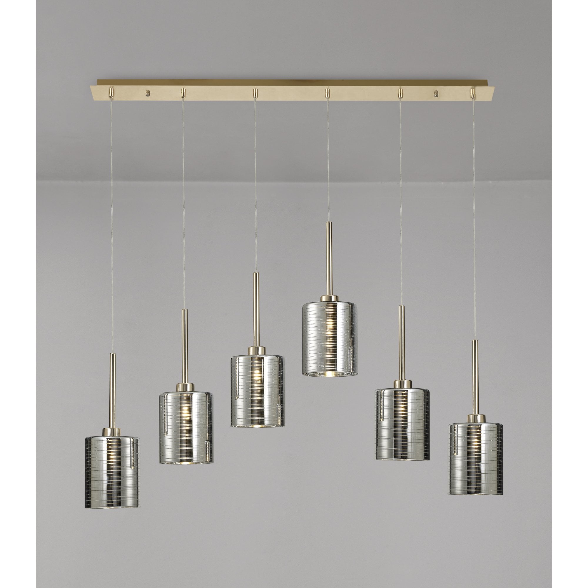 Fabula Tamworth 6 Light Linear Pendant - Medium Cylinder Shades - French Gold & Chrome Lined Glass