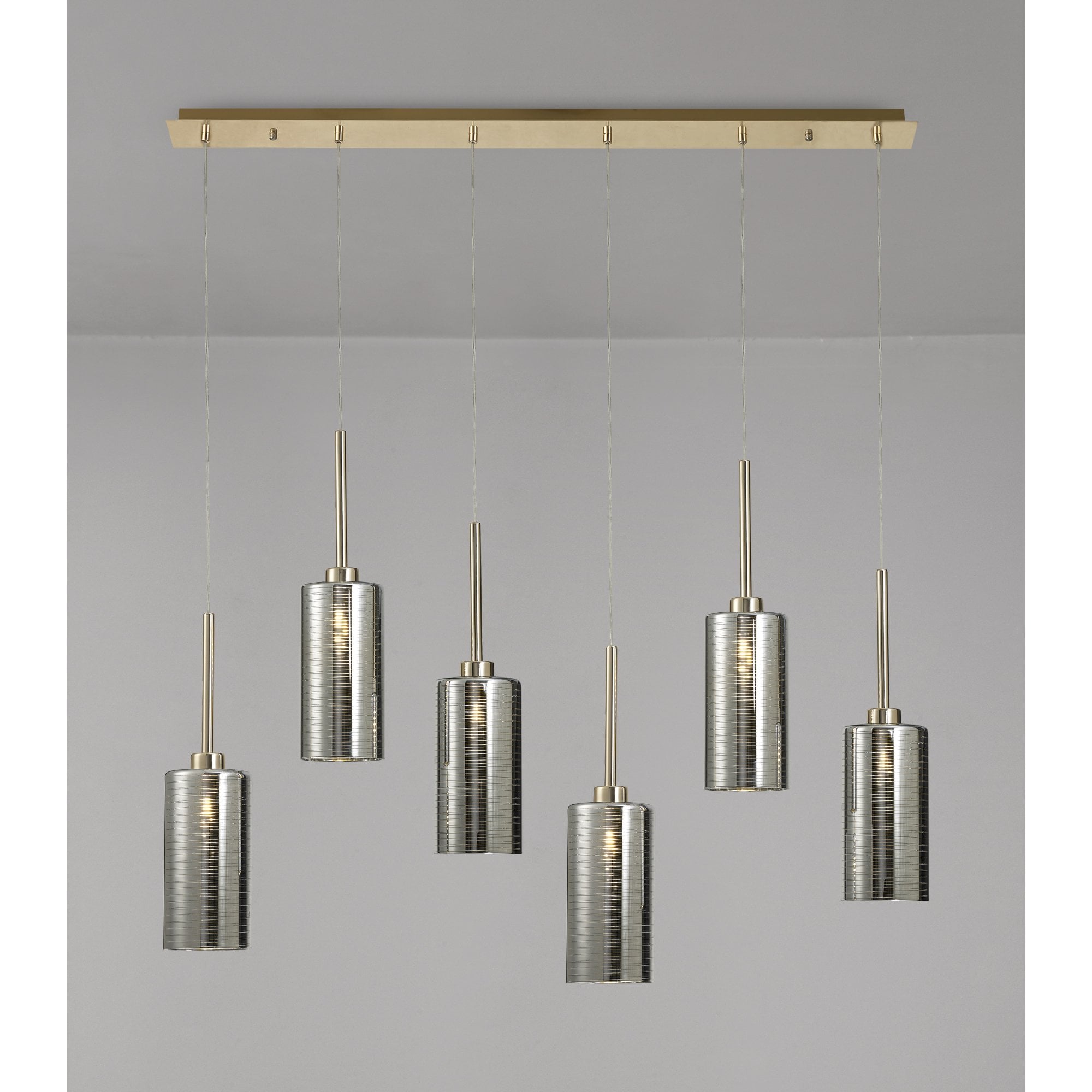 Fabula Tamworth 6 Light Linear Pendant - Tall Cylinder Shades - French Gold & Chrome Lined Glass