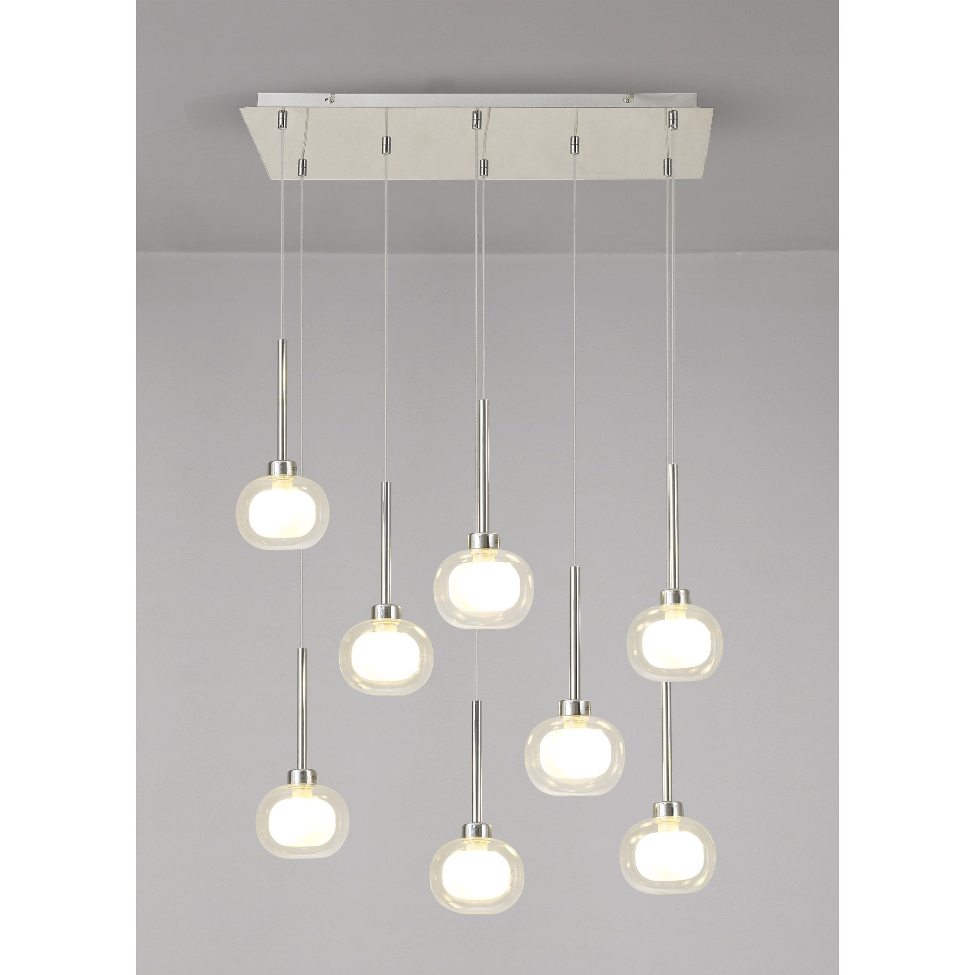 Fabula Tamworth 6 Light Linear Pendant - Flattened Round Shades with Inner Frosted Globes - French Gold, Clear & Frosted Glass